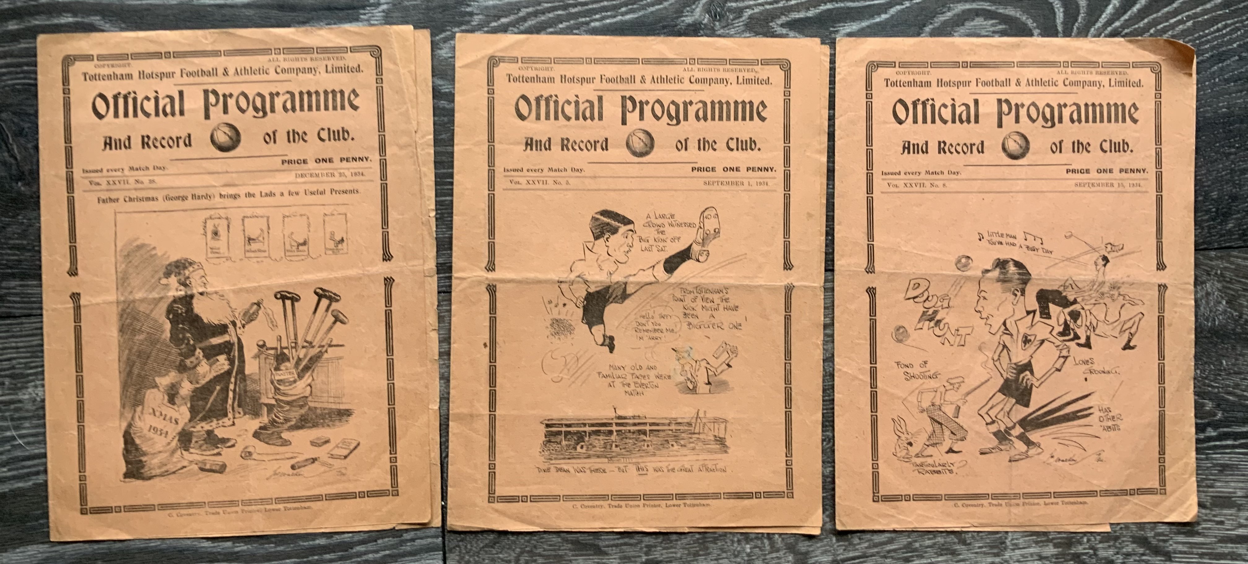 34/35 Tottenham Reserve Football Programmes: London Combination matches v Southampton Swansea both good and Crystal Palace which has piece missing from back corner. No team changes. (3)