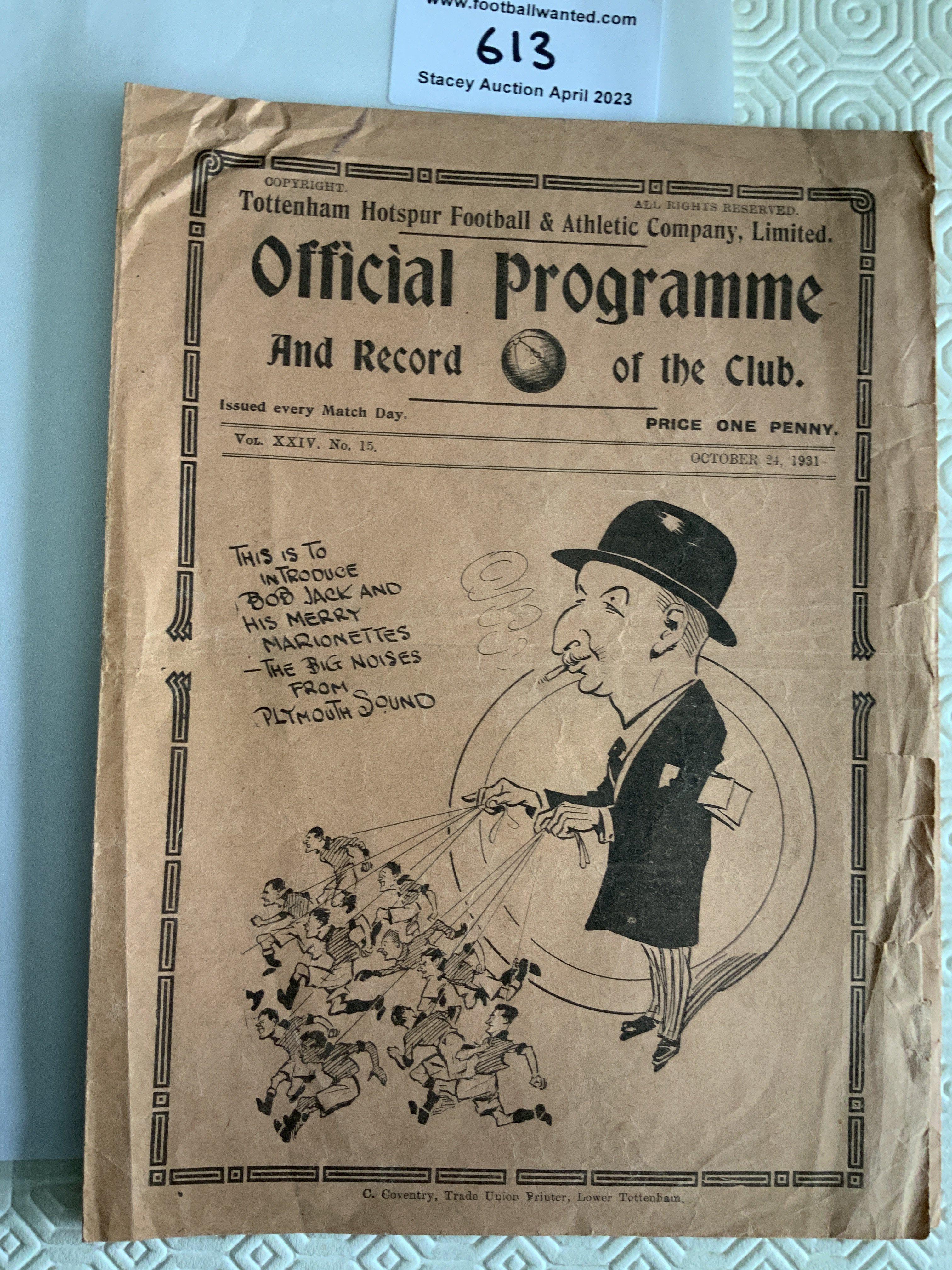 31/32 Tottenham v Plymouth Argyle Football Programme: Fair condition league match with no team changes. Creasing and a bit tatty to one edge.
