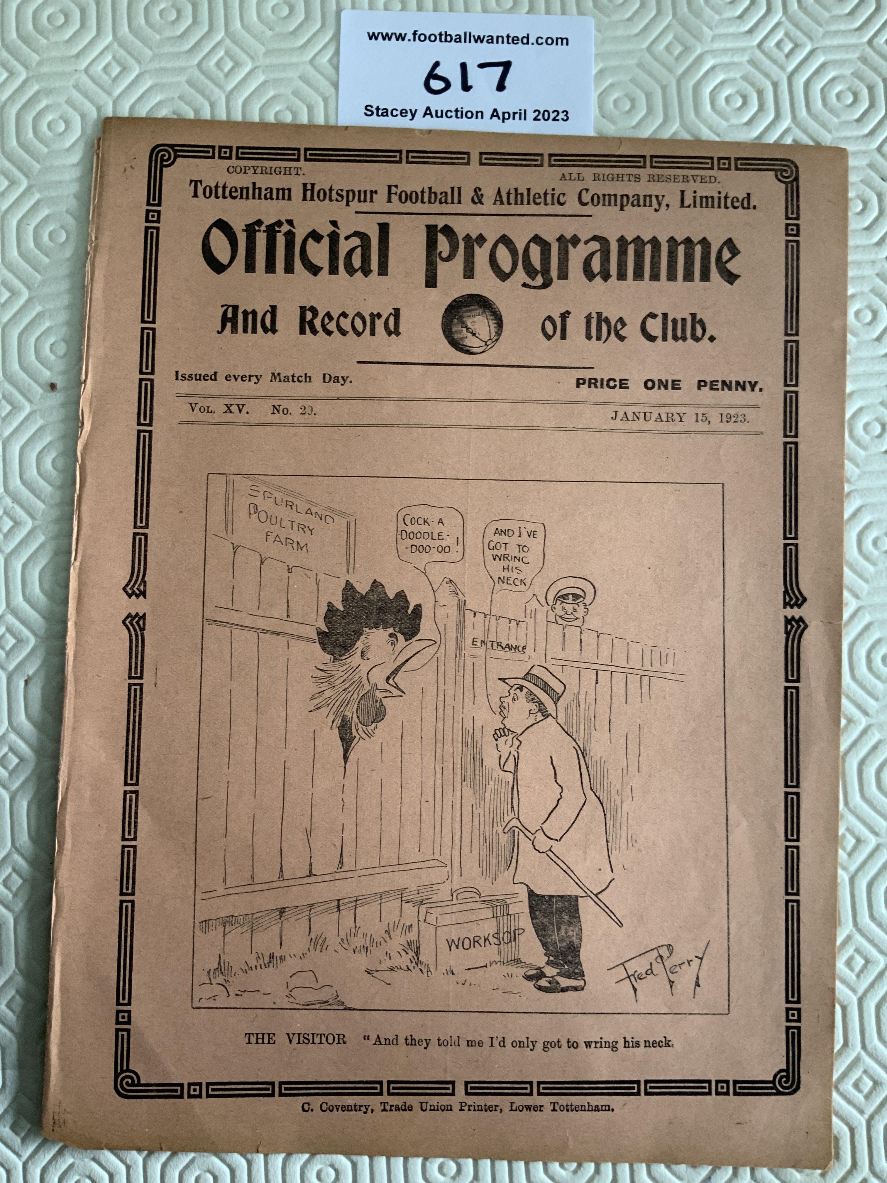 1922 - 1923 Tottenham v Worksop Town FA Cup Football Programme: Ex bound with no team changes. Replay programme after a famous draw at Worksop.