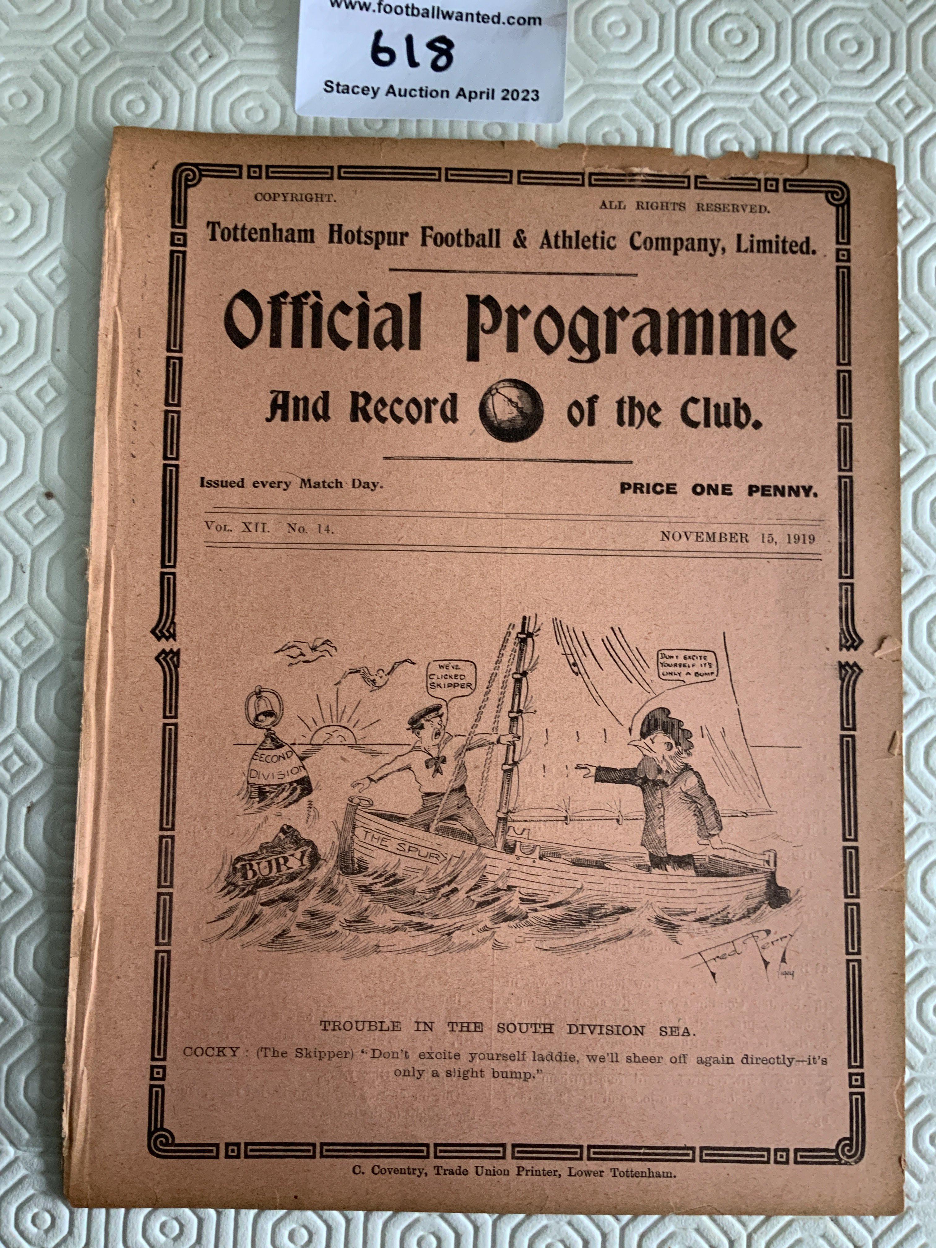 1919 - 1920 Tottenham v Bury Football Programme: Ex bound league match with no team changes. Slightly tatty to border.