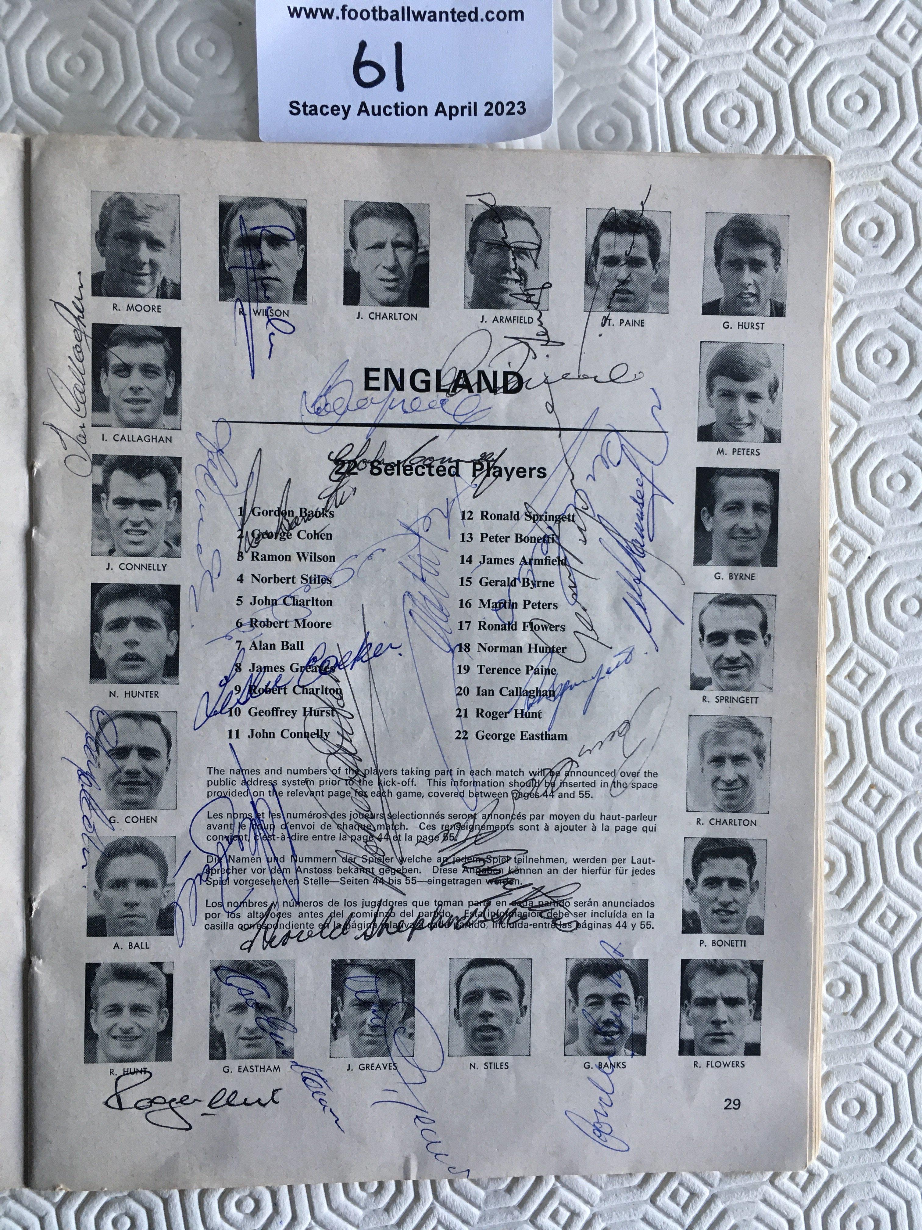 England 1966 World Cup Fully Signed Squad Football Programme: All 22 pictured players plus Ramsey, Shepherdson and Cocker have signed without dedication. Page is inside the World Cup tournament programme which is quite good with a worn spine. Rare chance to obtain the full set of World Cup winners.