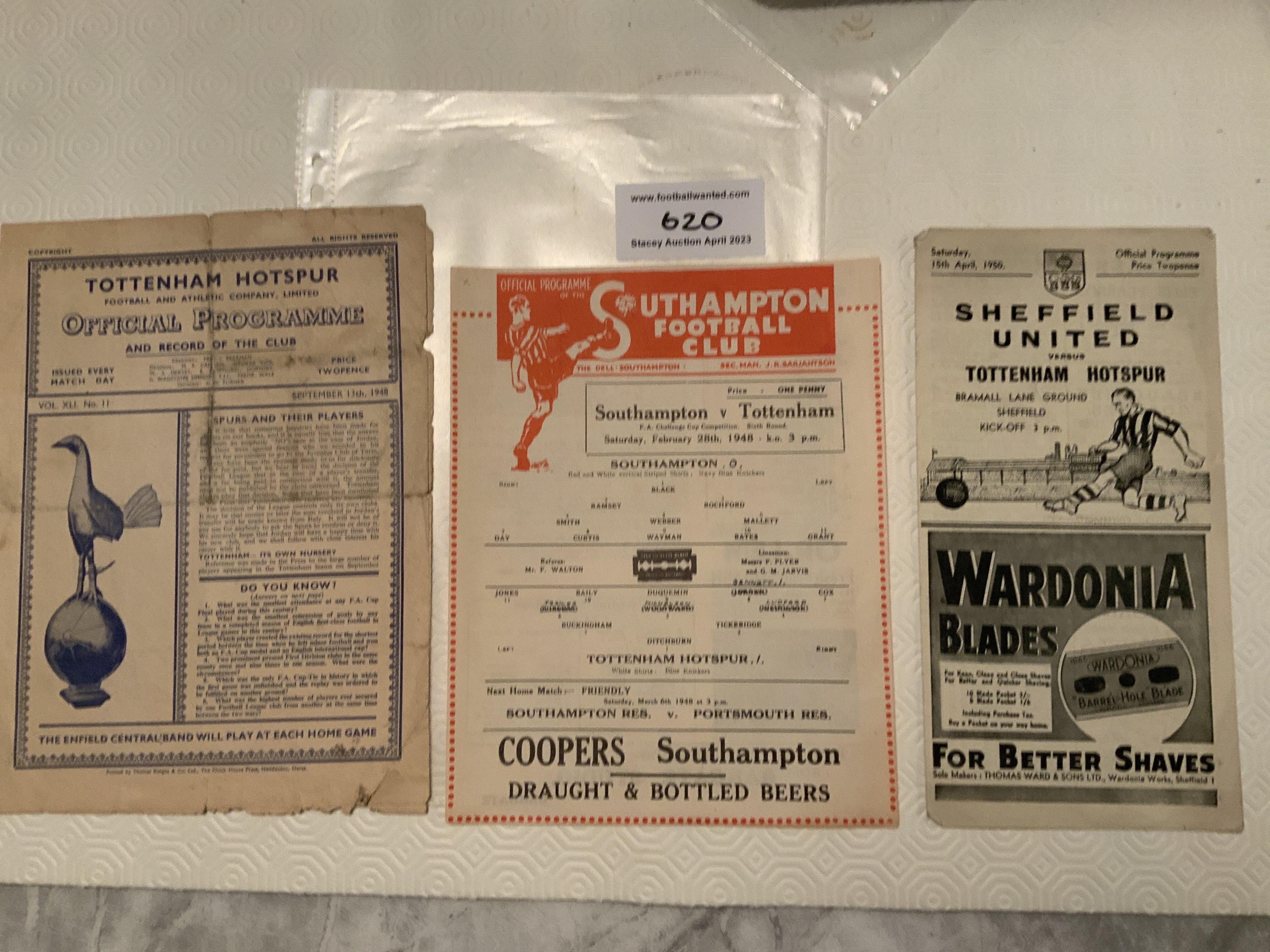 1940s Tottenham Football Programmes: Away 47/48 Southampton FA Cup possible trim, 49/50 Sheffield United and 48/49 home v Leeds which is tatty. (3)
