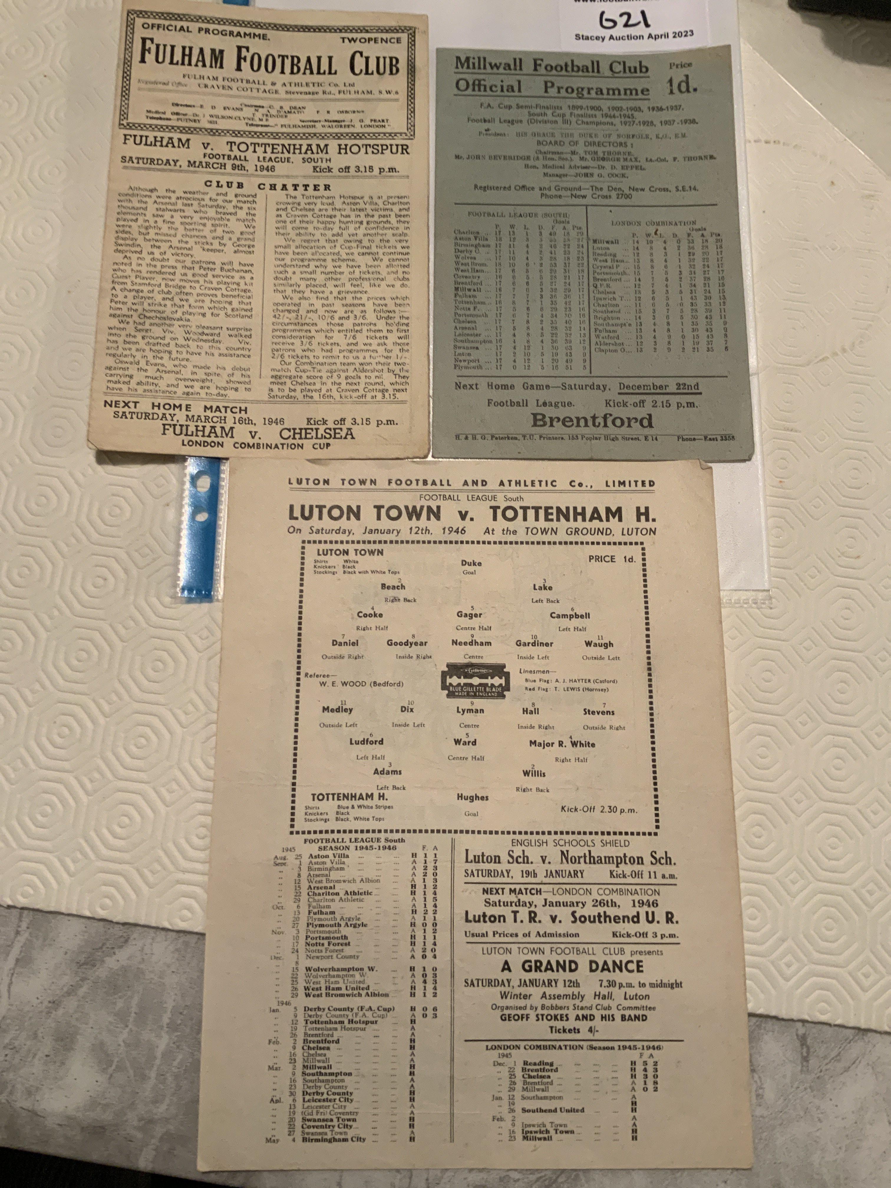 45/46 Tottenham Away Football Programmes: Good condition v Fulham Luton and Millwall which has team changes. (3)