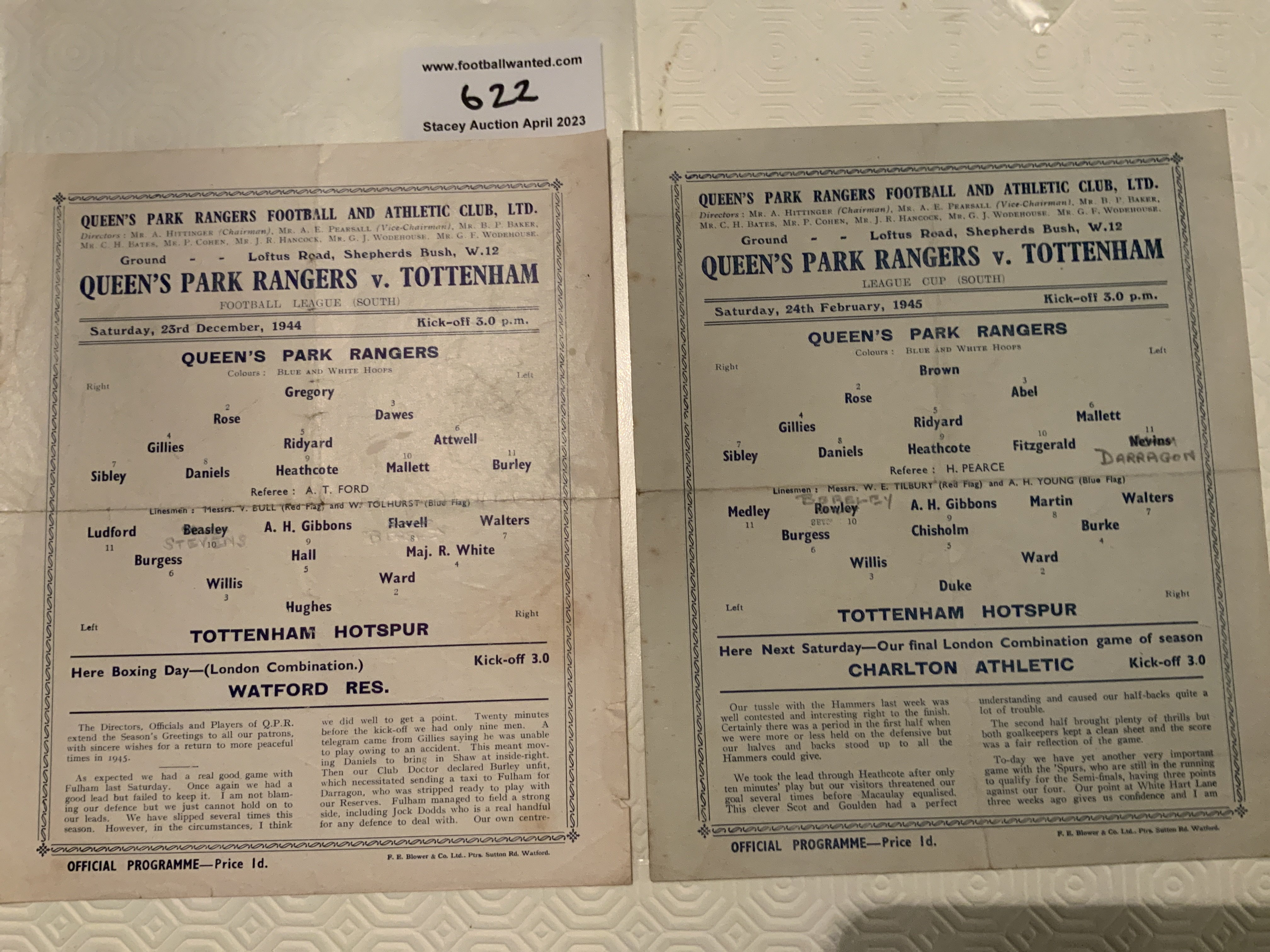 44/45 QPR v Tottenham Football Programmes: Good condition single sheets with pencilled team changes dated 23/12 and 24/2. (2)