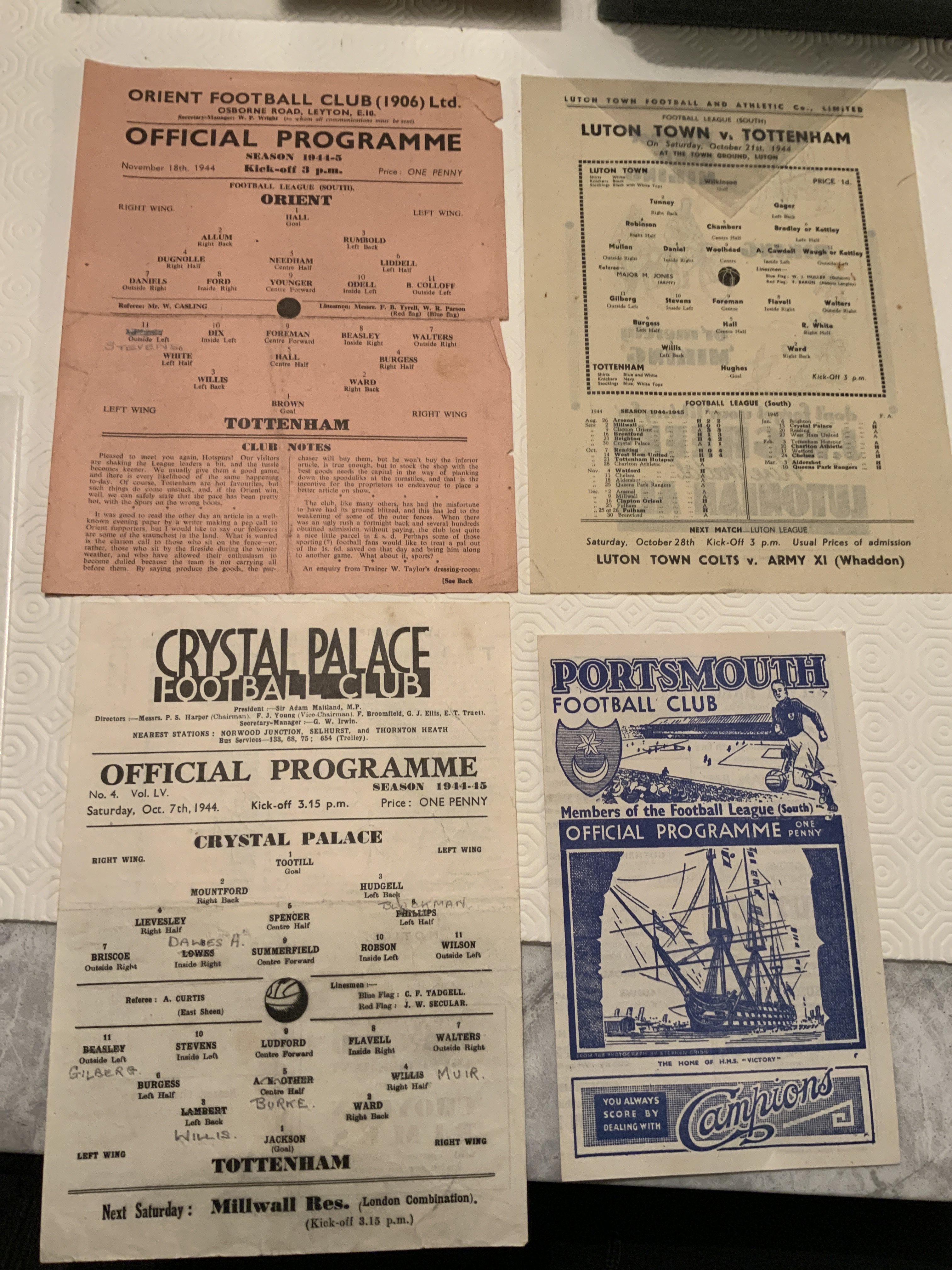 44/45 Tottenham Away Football Programmes: Good condition including Crystal Palace Luton Portsmouth and Orient which has a couple of tears. (4)
