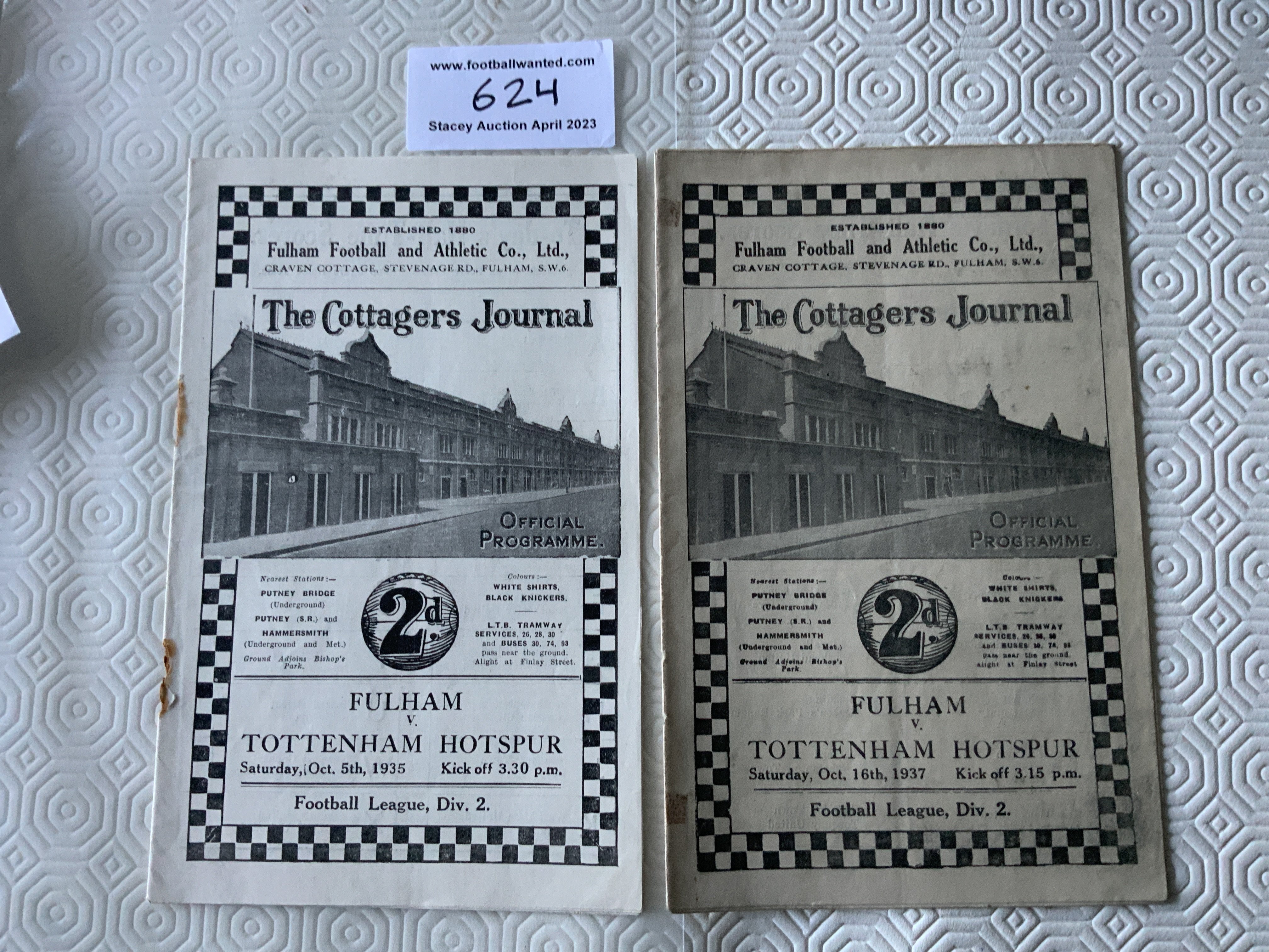 1930s Fulham v Tottenham Football Programme: Fair/good condition with 35/36 having holes where staples have rusted away and 37/38 good with team changes.
