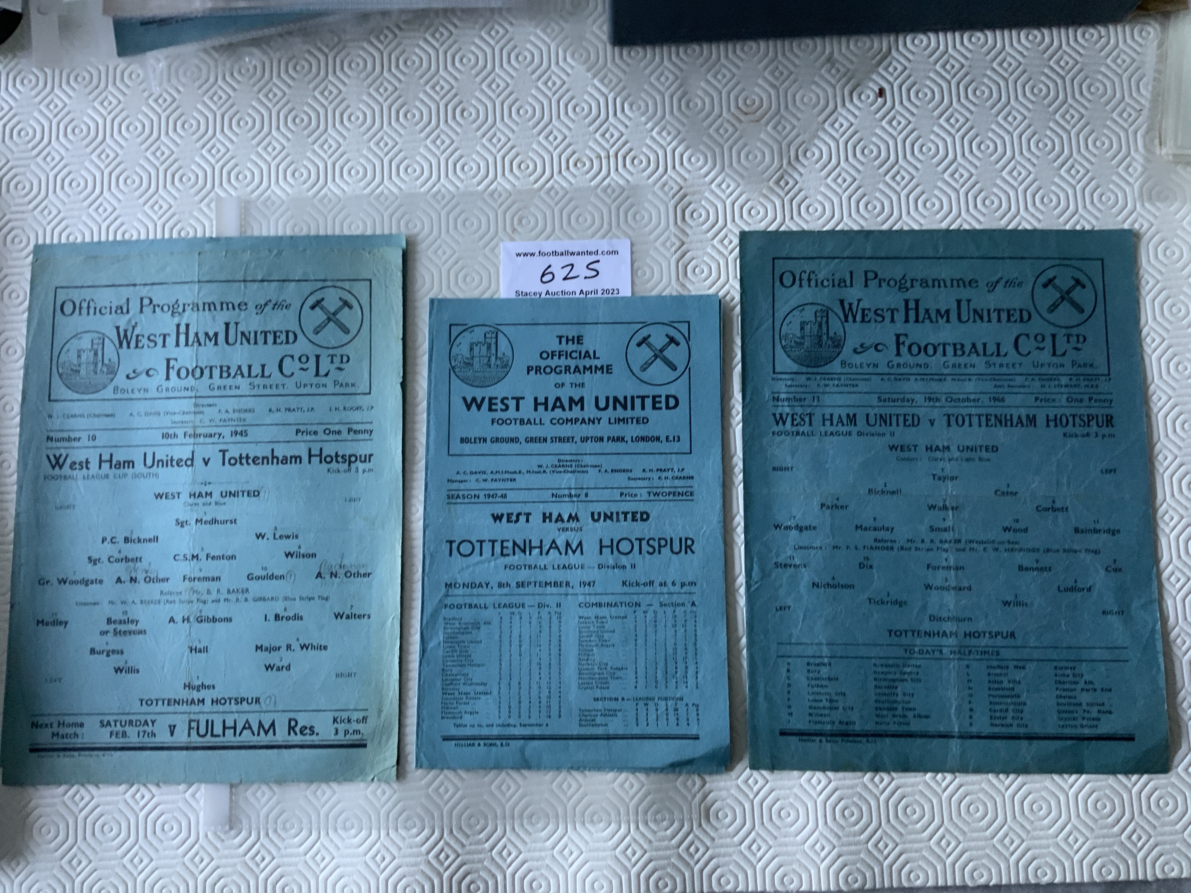 1940s West Ham v Tottenham Football Programmes: Fair/good condition with folding from 44/45 46/47 and 47/48 which has team changes. (3)
