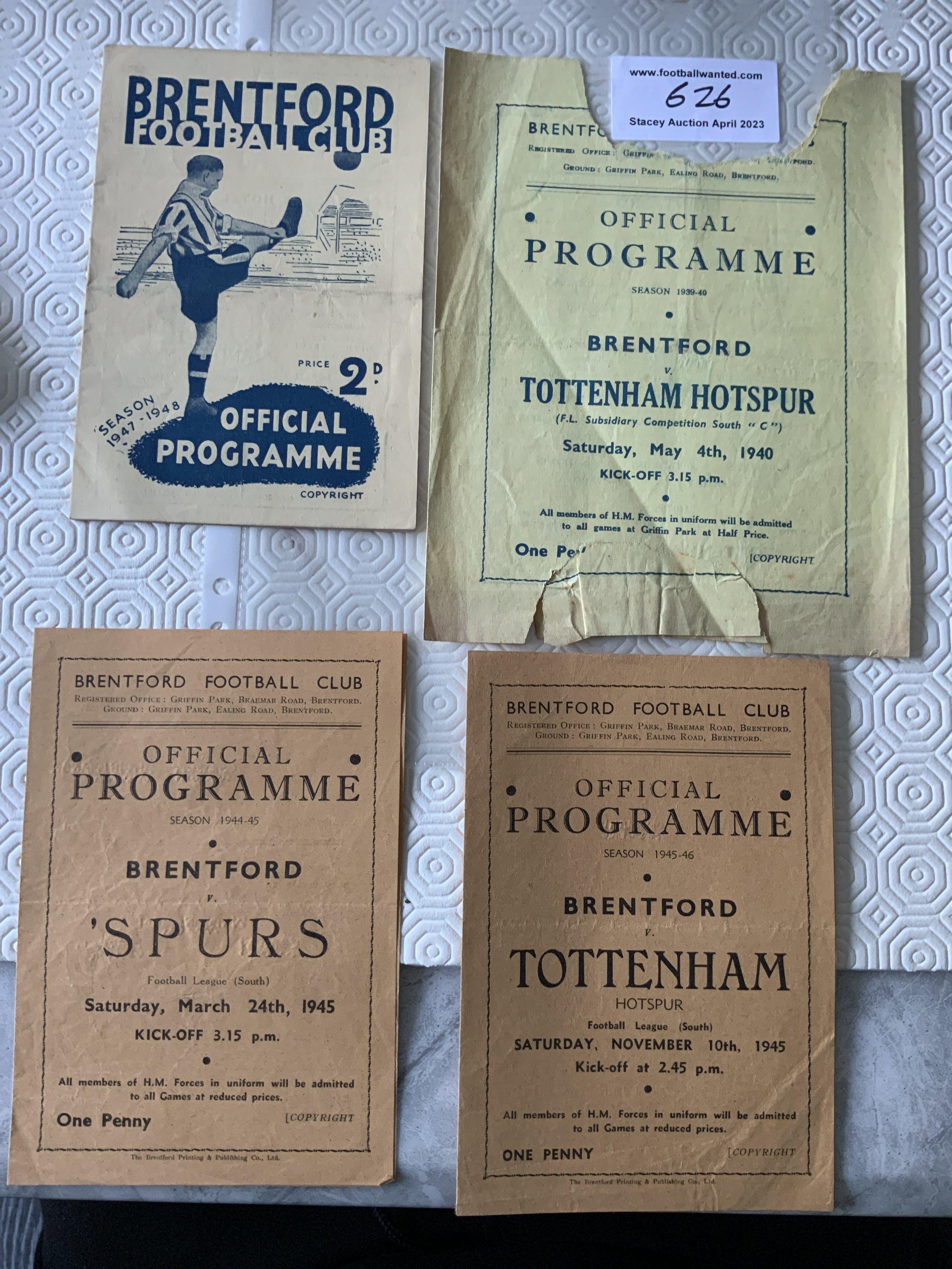 Brentford v Tottenham Football Programme: 44/45 45/46 47/48 all good and a 39/40 in very poor condition with pieces missing. Some have team changes. (4)