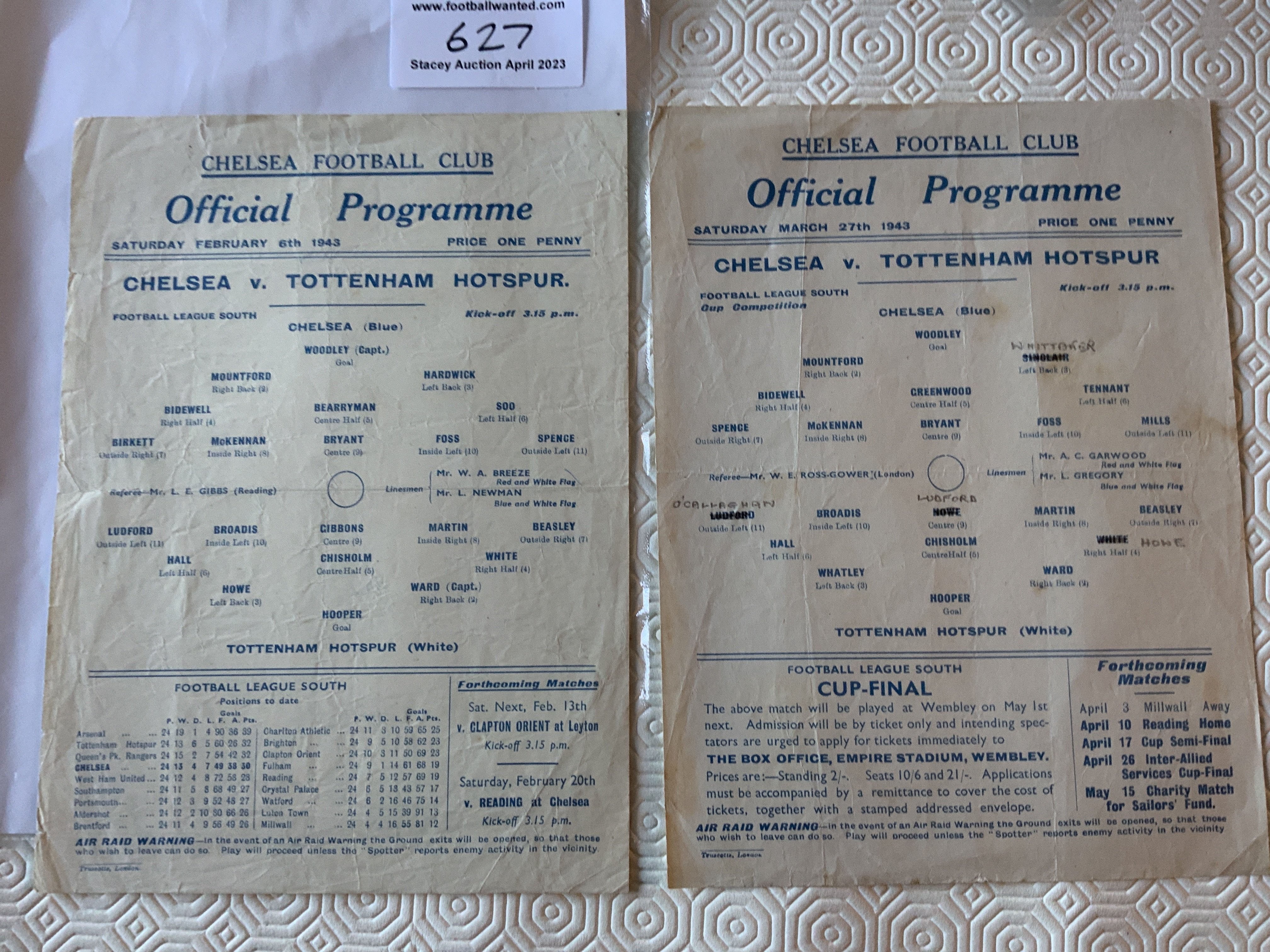 42/43 Chelsea v Tottenham Football Programme: Fair/good condition for both league and cup matches. Cup game has team changes. Folding. (2)