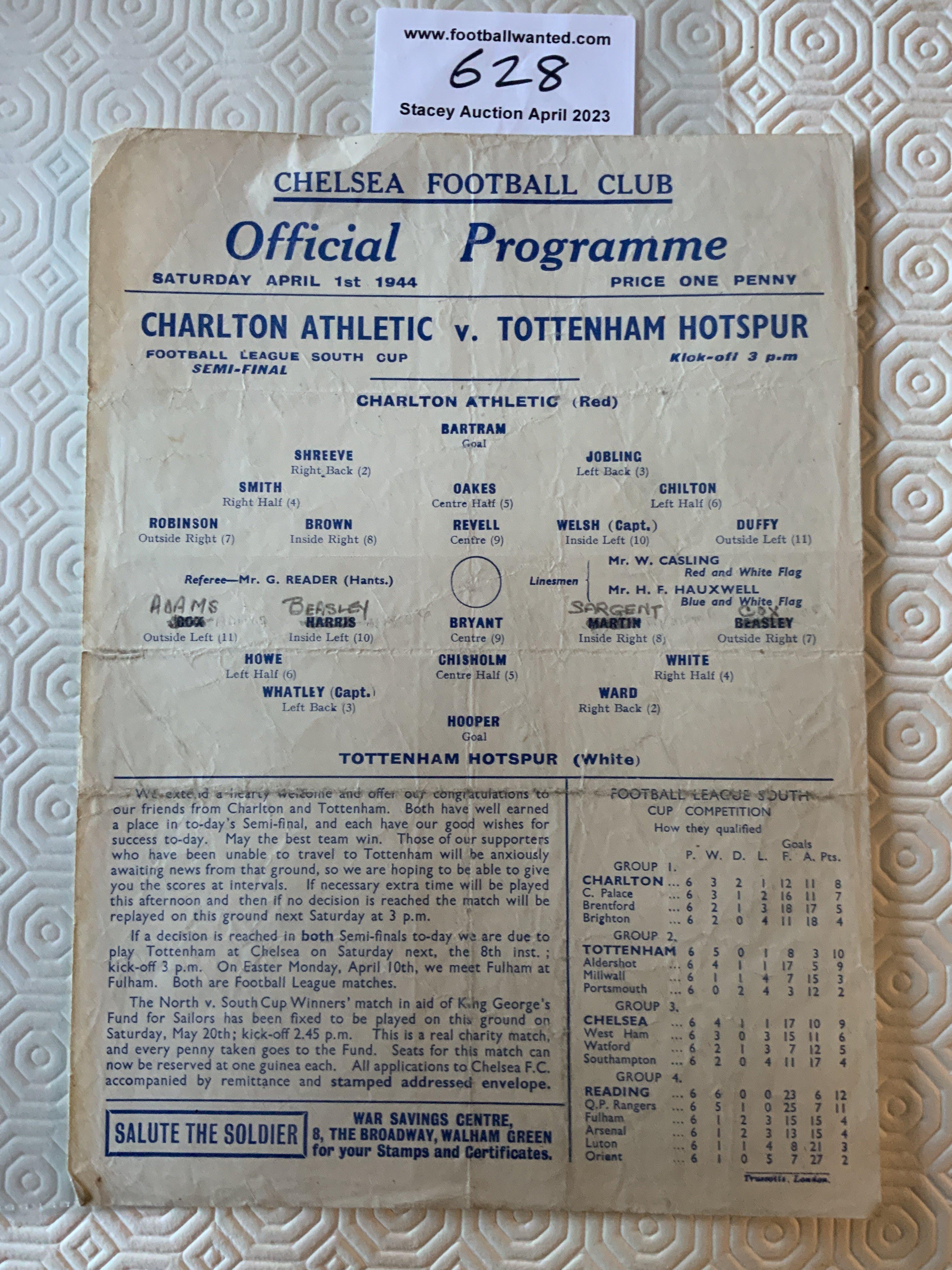 1944 Charlton v Tottenham Semi Final Football Programme: Fair condition with tear on centre fold. Pencilled team changes. Match played at Chelsea.