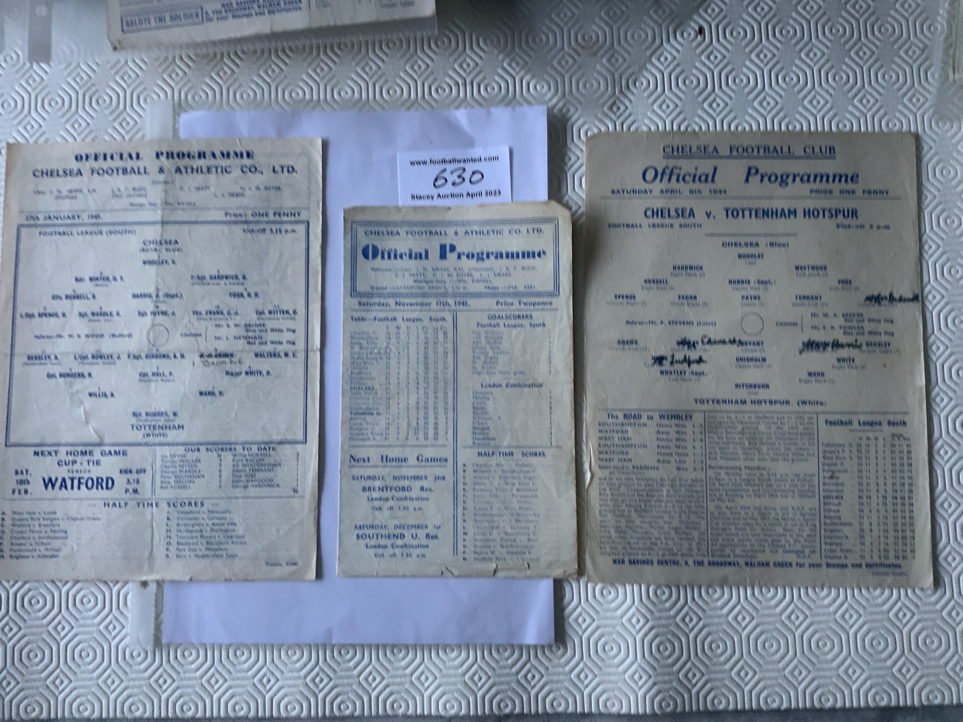 1940s Chelsea v Tottenham Football Programme: Fair/good condition with team changes for seasons 43/44 44/45 and 45/46. (3)