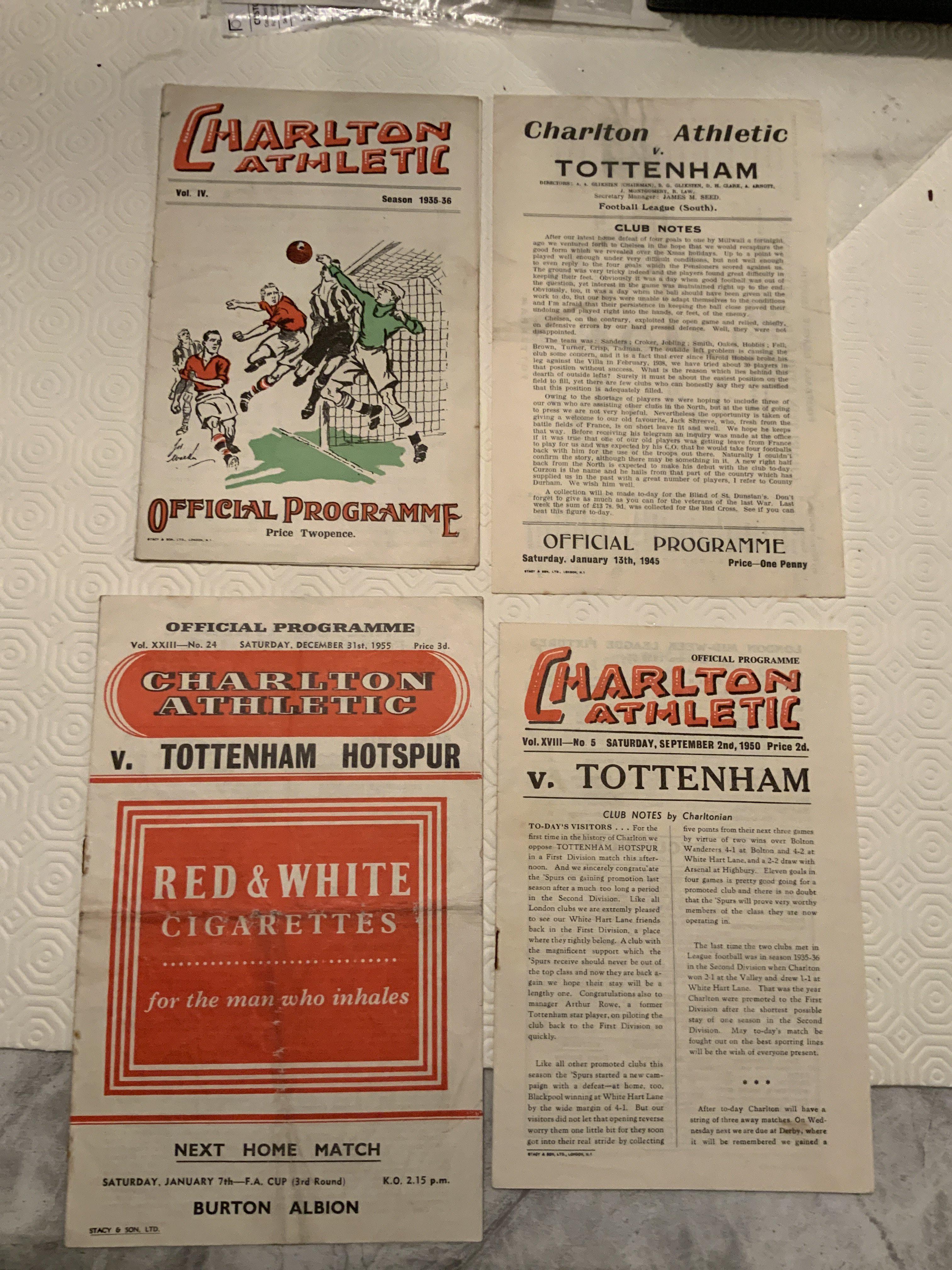 44/45 Charlton v Tottenham Football Programme: Good condition single sheet with no team changes. C/W 50/51 55/56 and 35/36 with back page missing for same fixture. (4)