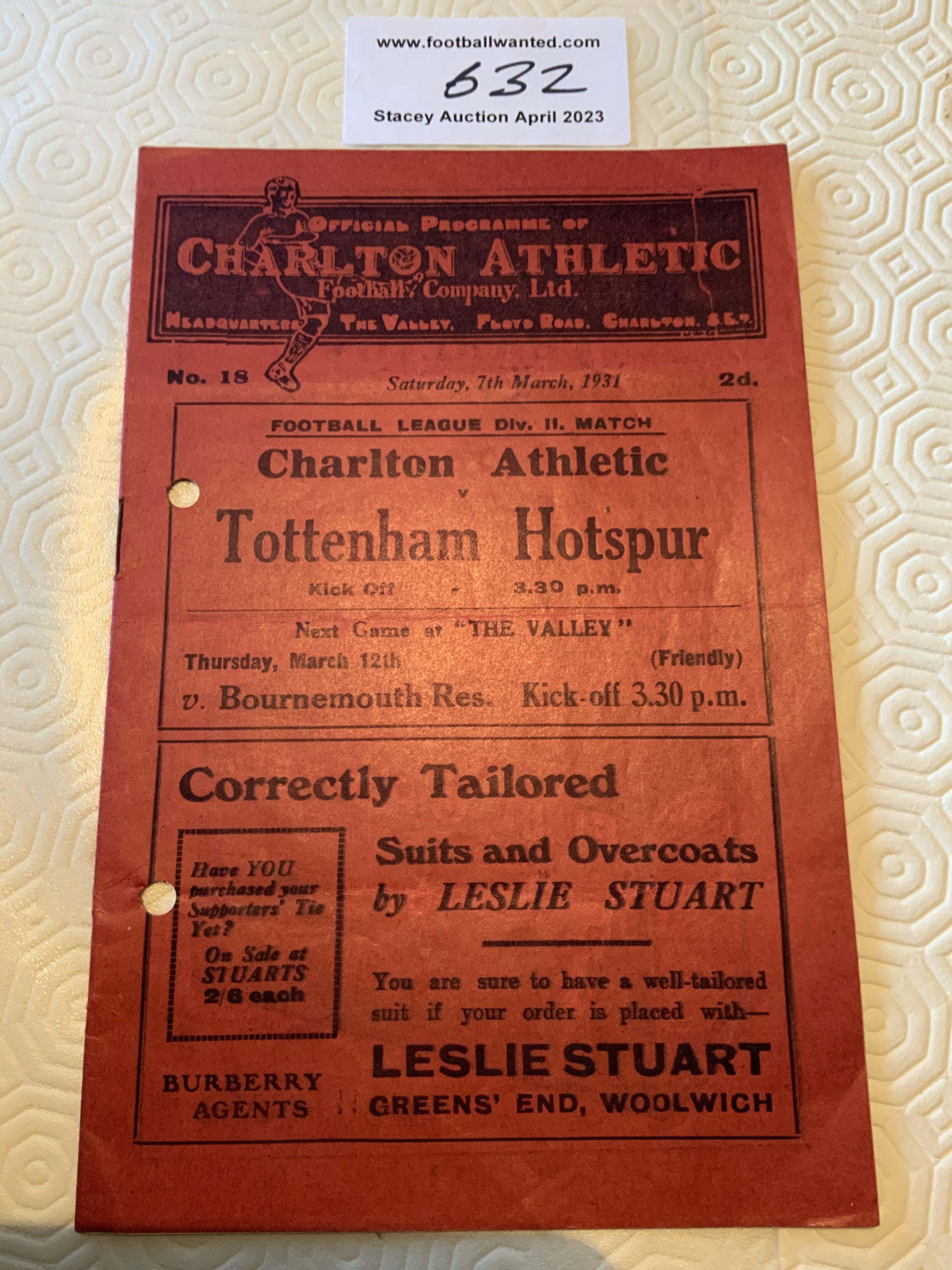 30/31 Charlton v Tottenham Football Programme: Good condition although hole punched. No team changes.