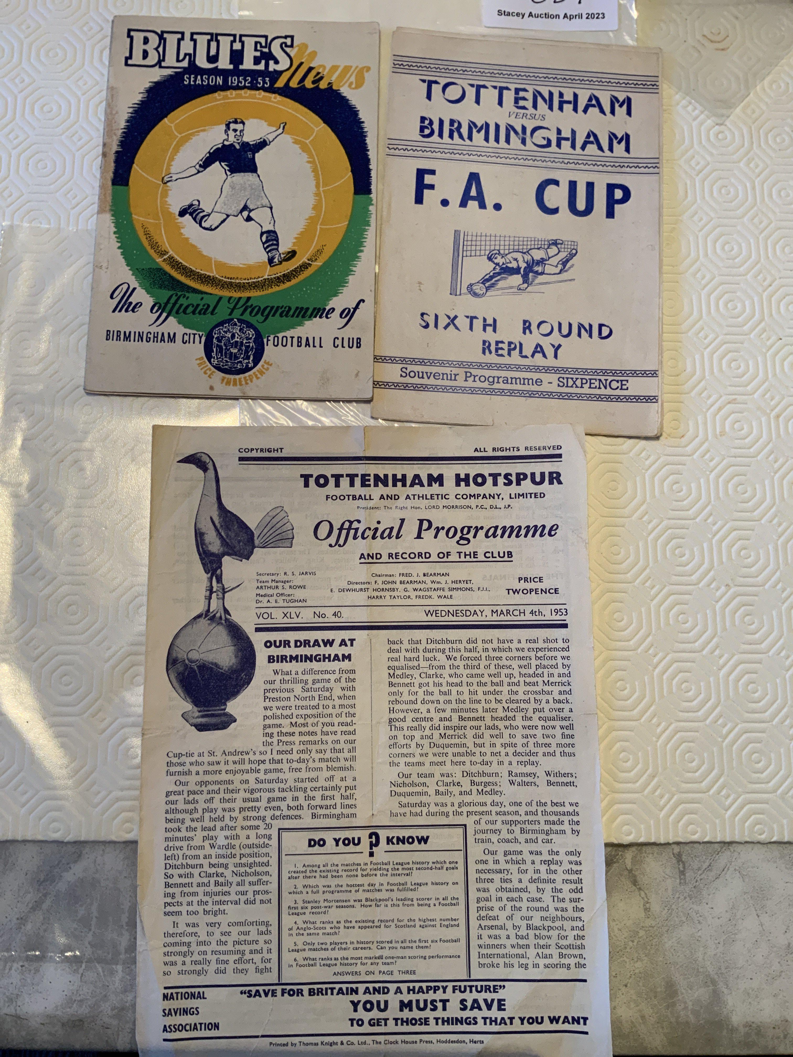 52/53 Birmingham City v Tottenham Football Programmes: FA Cup at both grounds plus pirate for match at St Andrews. Good condition with team changes. (3)
