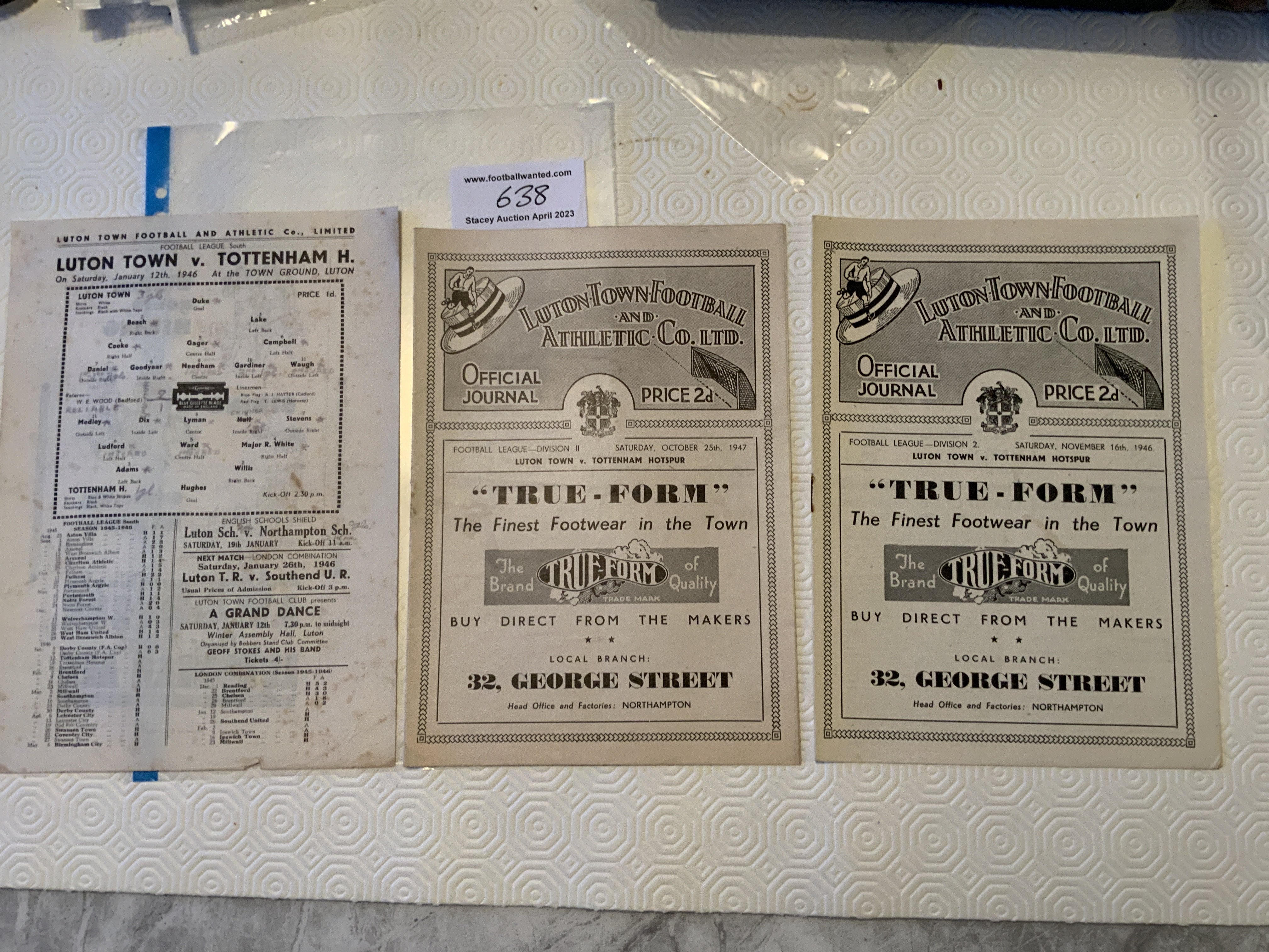 1940s Luton Town v Tottenham Football Programme: 45/46 pencilled team changes, 46/47 + 47/48 in good condition. No team changes unless stated. (3)