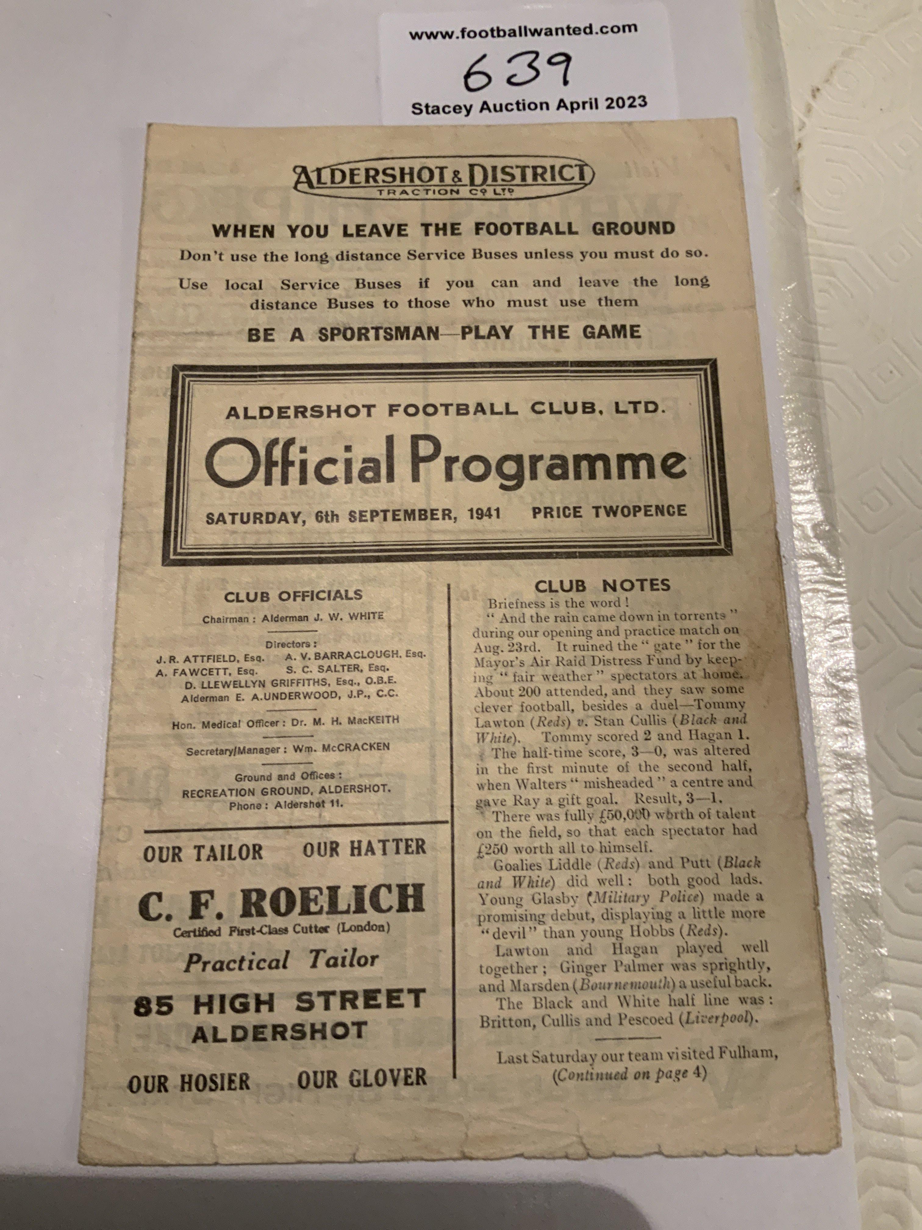 41/42 Aldershot v Tottenham Football Programme: Good condition with no team changes. Folding.