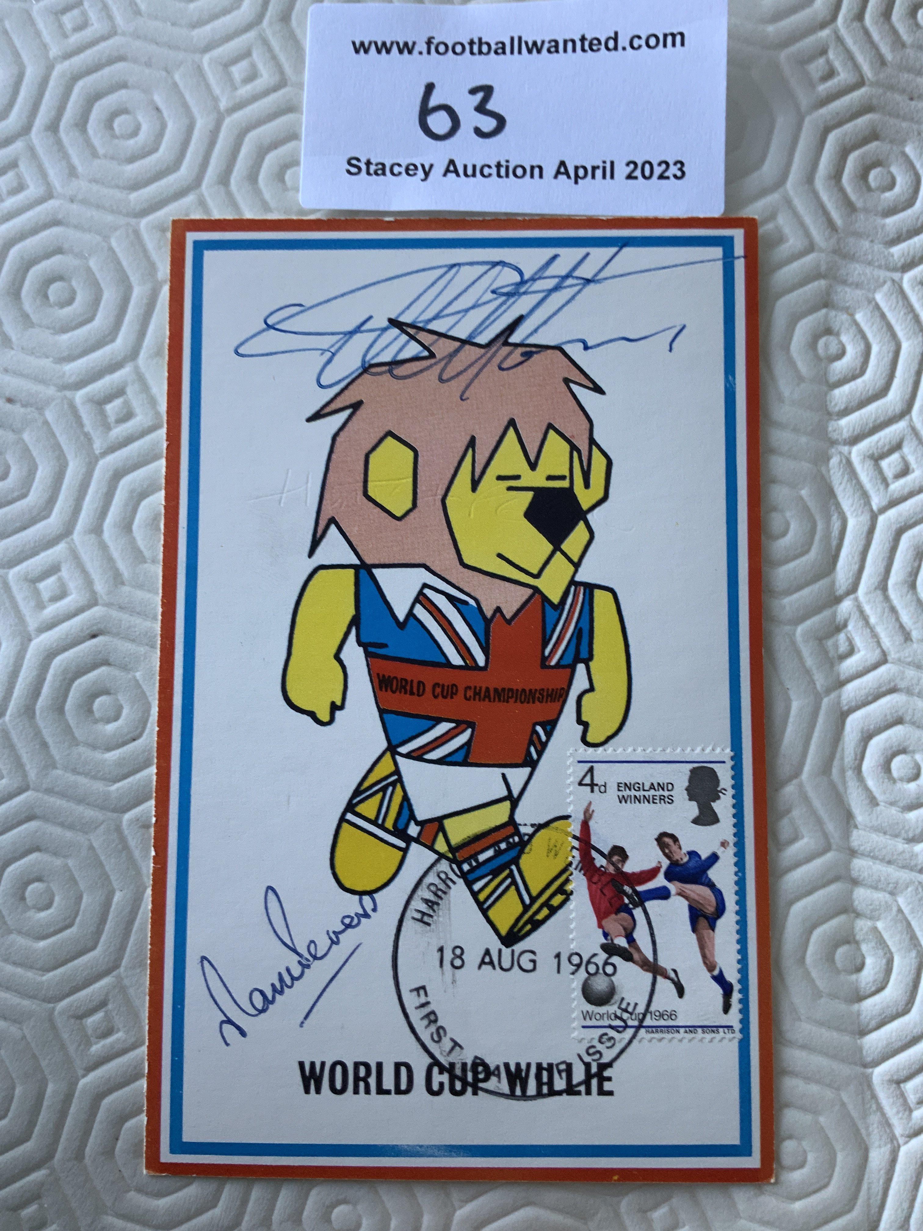 Hurst + Peters Signed 1966 World Cup Willie Postcard: Original unwritten postcard with FA 1966 to rear and stamped Cameo Stamps Ltd. WC Willie has first day of issue England Winners stamp 18 8 1966 and is hand signed by both goalscorers.