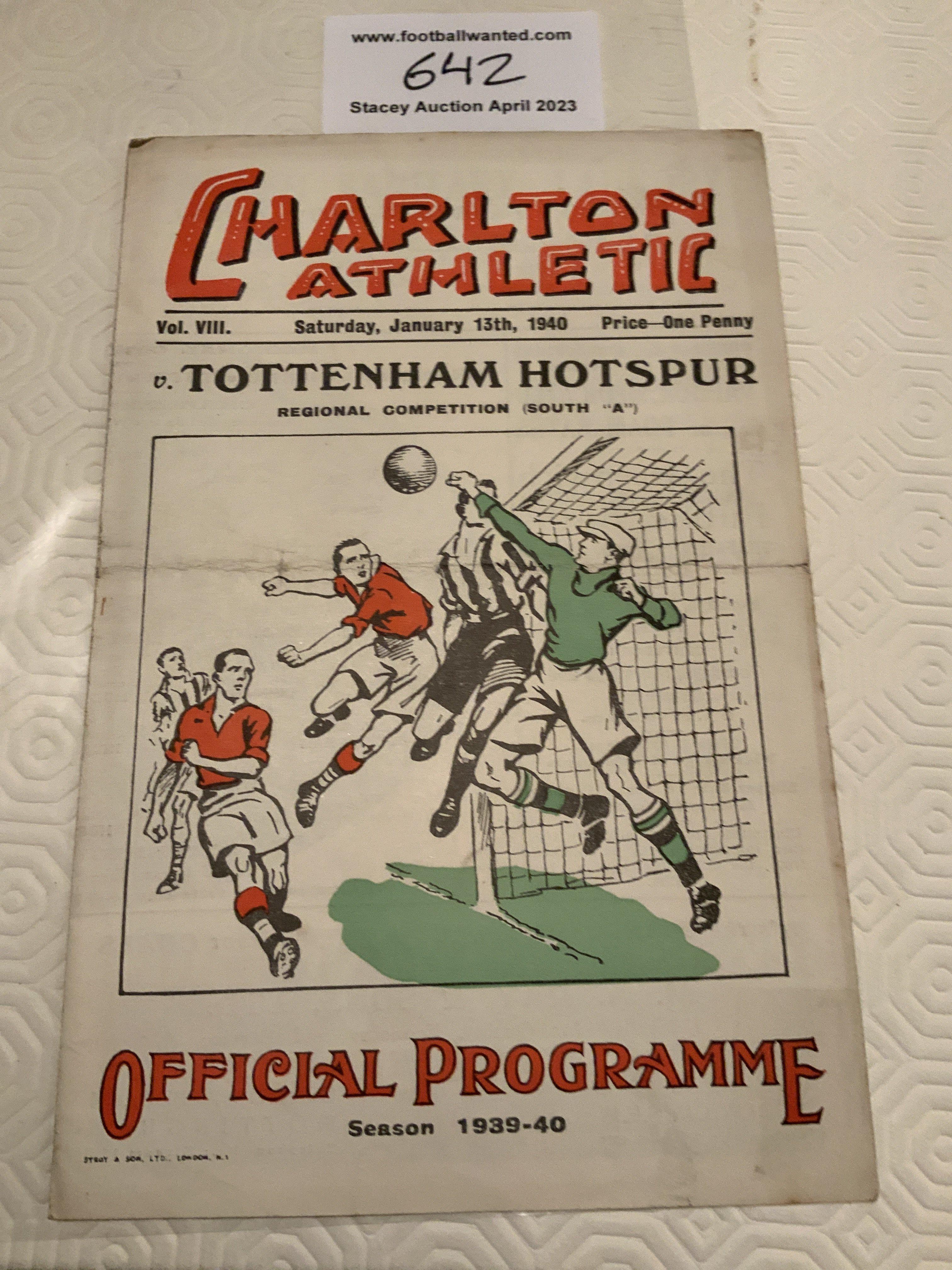 39/40 Charlton v Tottenham Football Programme: Good condition with pencilled team changes. Fold. Dated 13 1 1940.