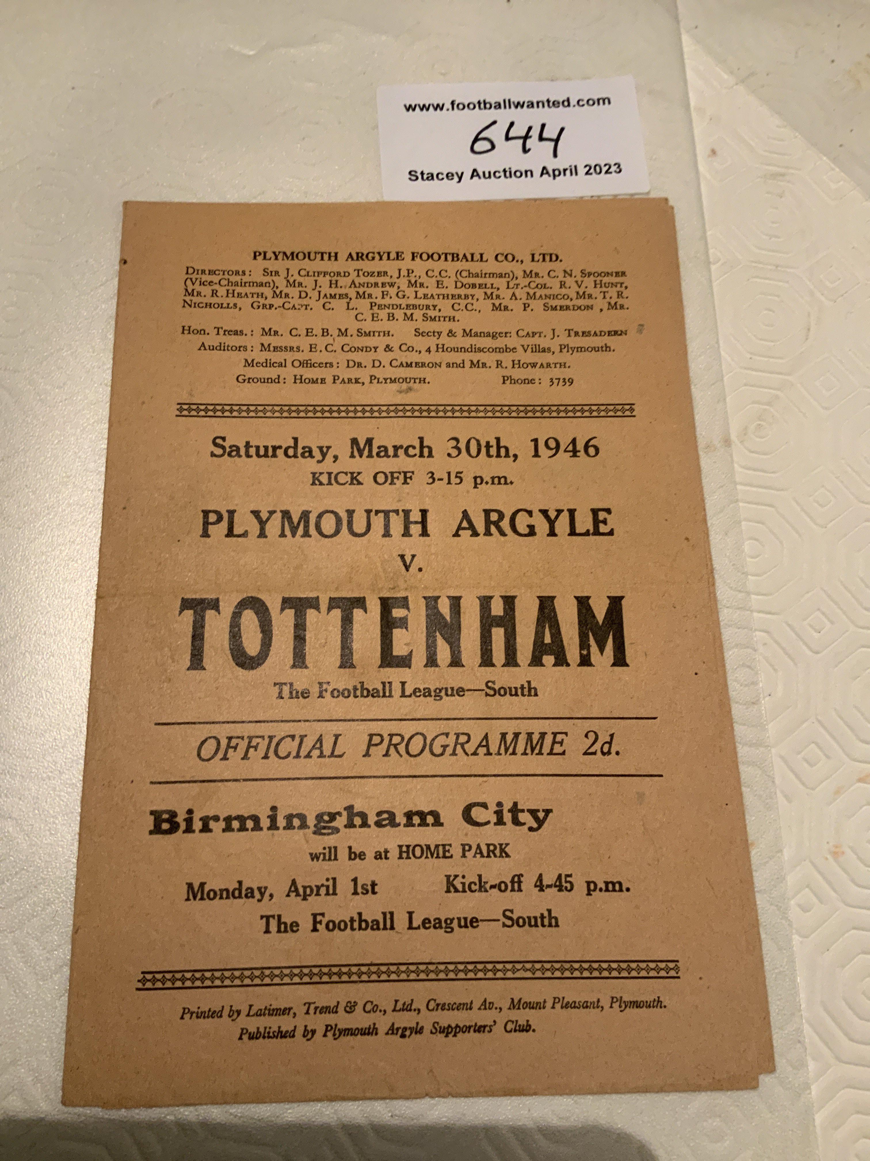 45/46 Plymouth v Tottenham Football Programme: Excellent condition with no team changes. Gatefold programme dated 30 3 1946.