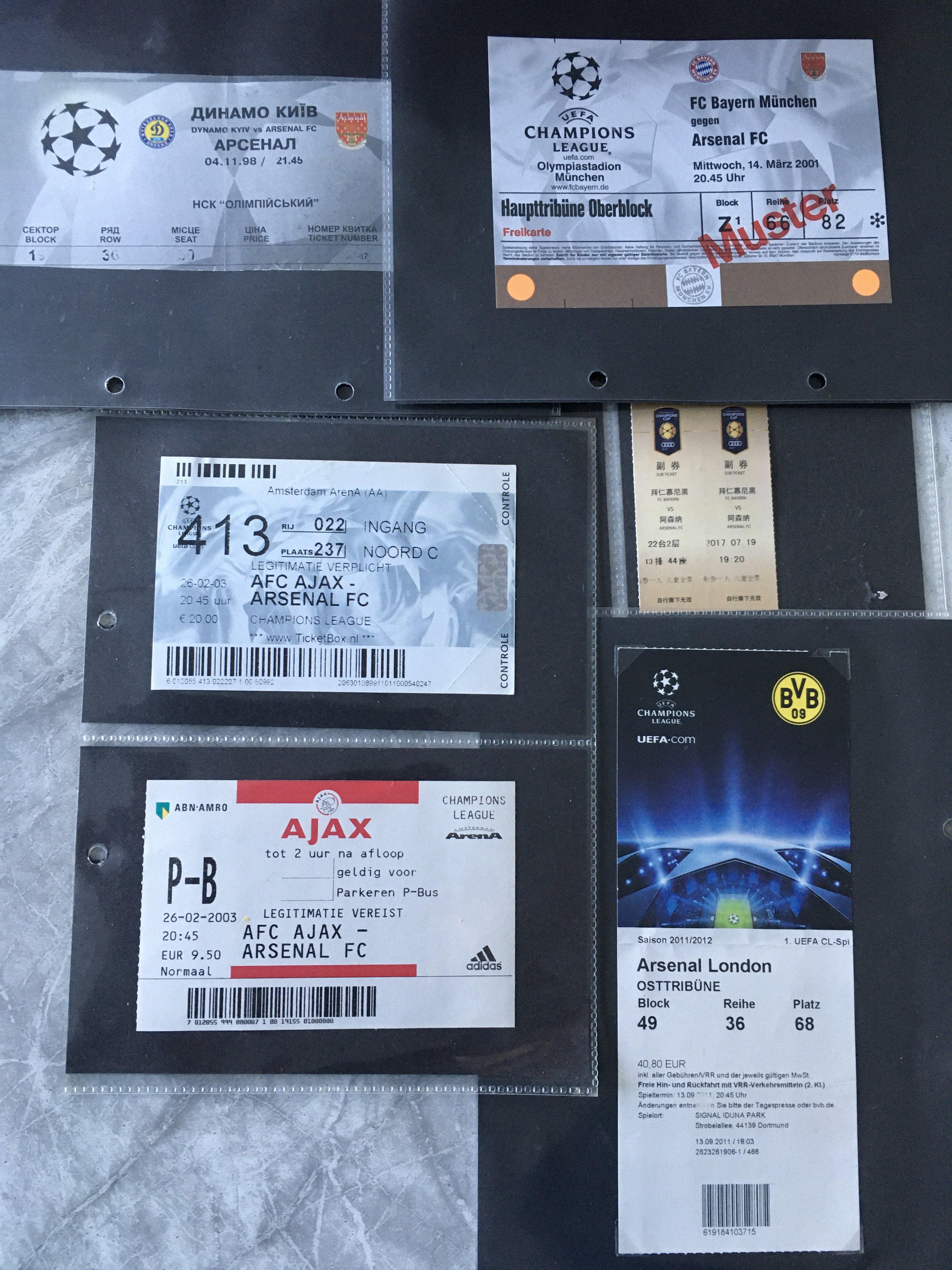Arsenal Away European Football Tickets: 71/72 Ajax, 93/94 Standard Liege and others from 98/99 onwards. (15)