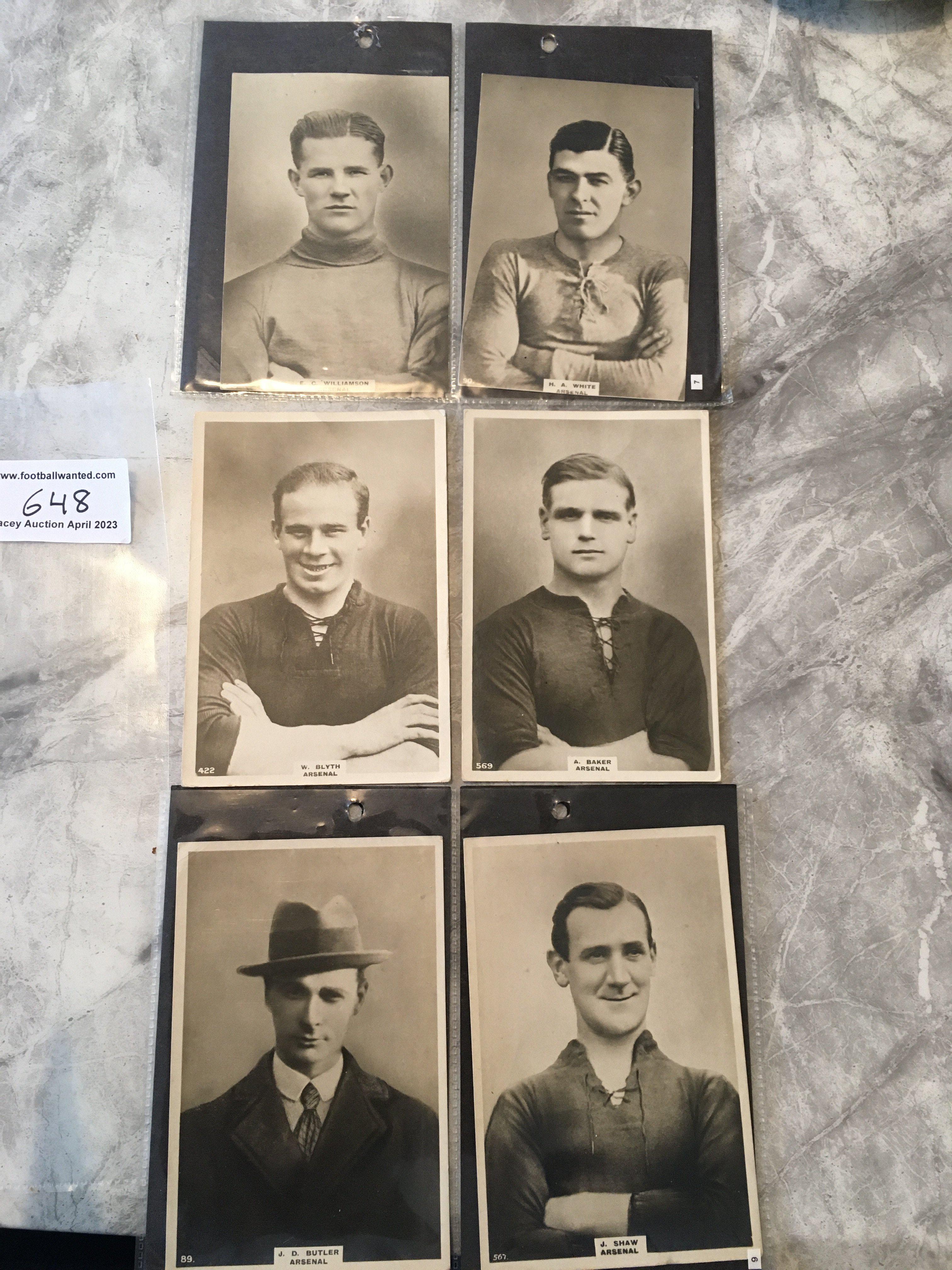 Arsenal 1922 Large Player Football Cards: Original 100 year old cards almost certainly made by Godfrey Phillips and large versions of the Pinnace you may be familiar with. Includes Butler Shaw White Baker Blyth and Williamson. Good with 3 having numbers written to blank rear. (6)