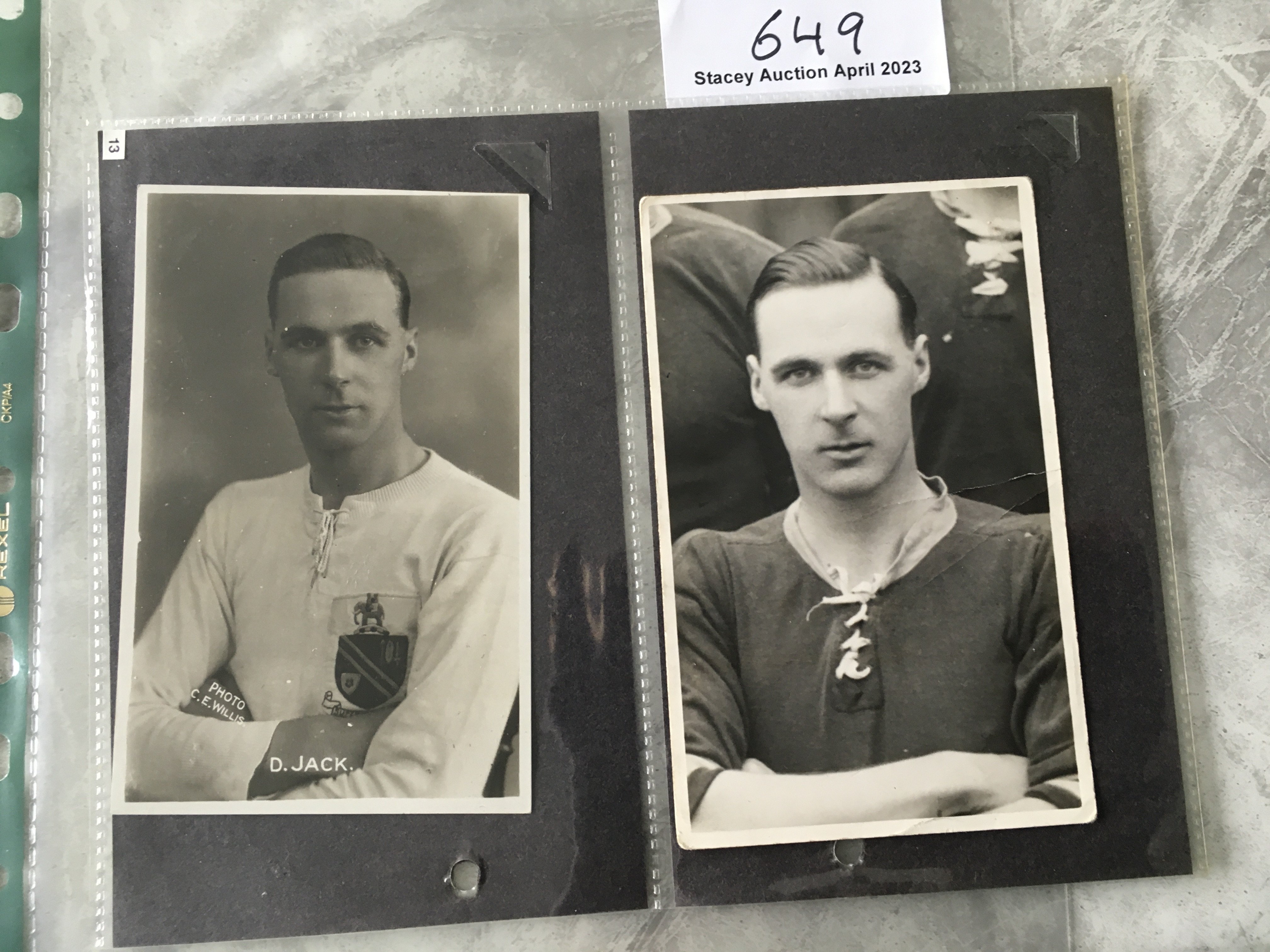David Jack Arsenal + Bolton Football Postcards: Original postcards featuring David with arms folded in Bolton and Arsenal kit. He was the first winner of the FA Cup at Wembley in 1923. Arsenal postcard has light crease and has been stamped and has writing and a sticker to rear over a period of its 100 year history. (2)