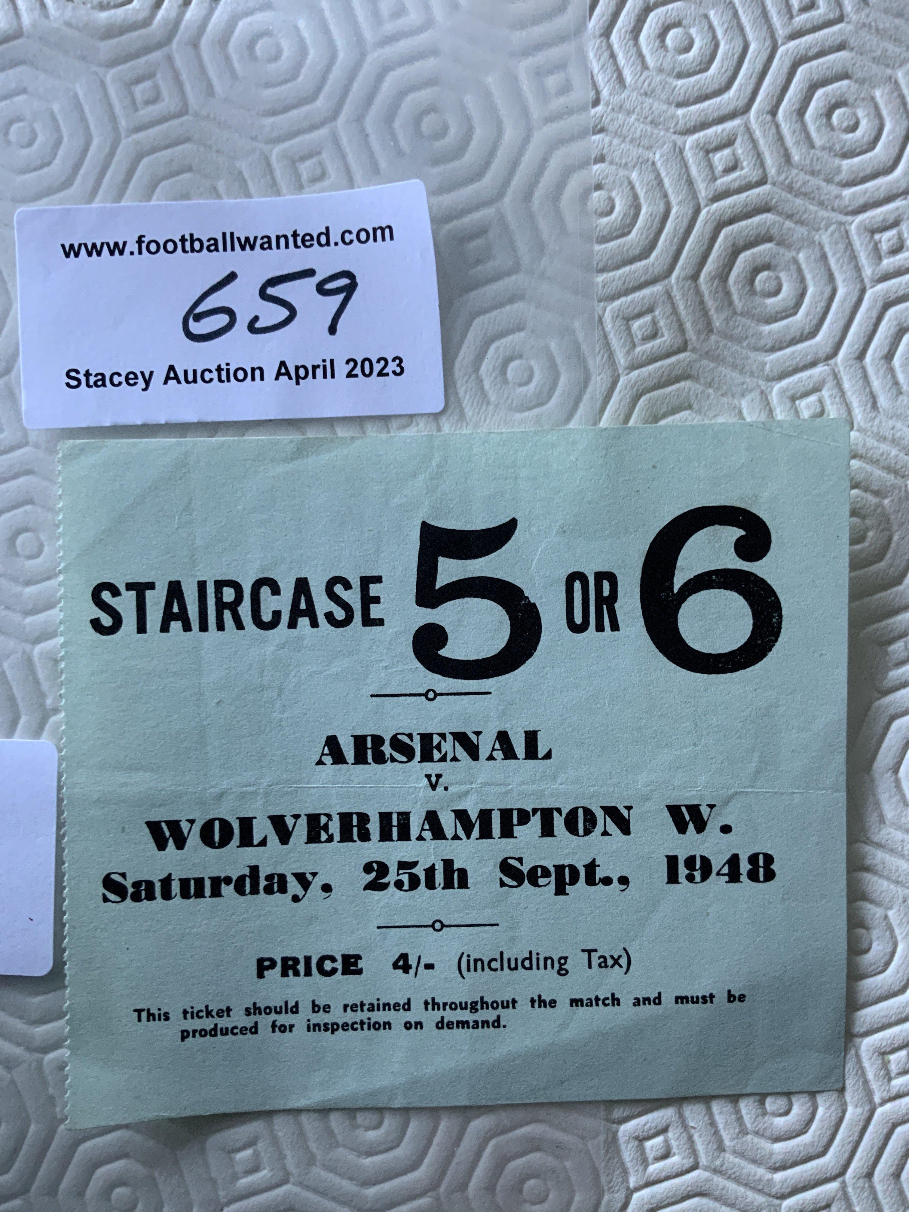 48/49 Arsenal v Wolves Football Ticket: League match in good condition with lightest fold.