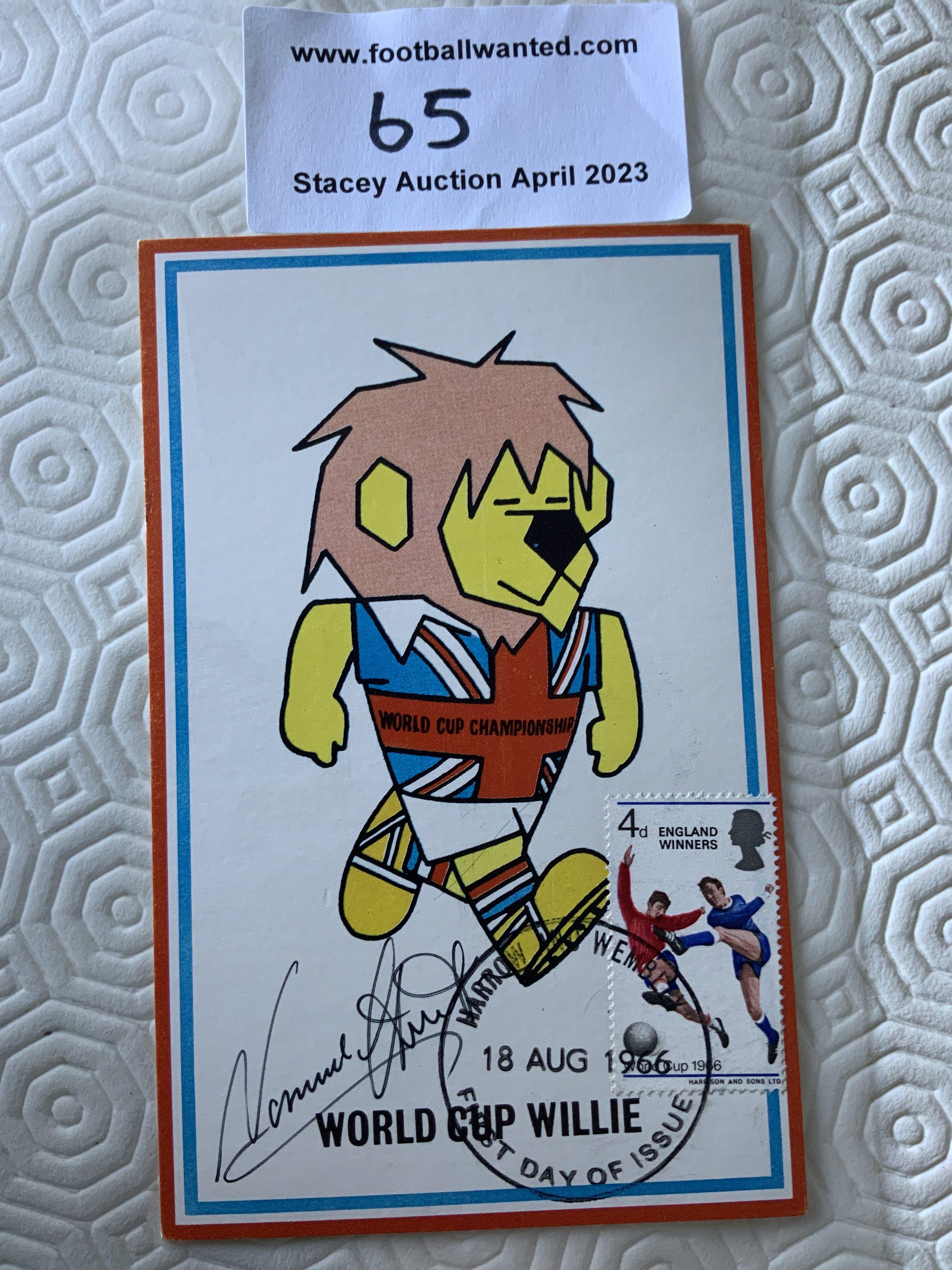 Norman Hunter Signed 1966 World Cup Willie Postcard: Original unwritten postcard with FA 1966 to rear and stamped Cameo Stamps Ltd. WC Willie has first day of issue England Winners stamp 18 8 1966 and is hand signed by Hunter.