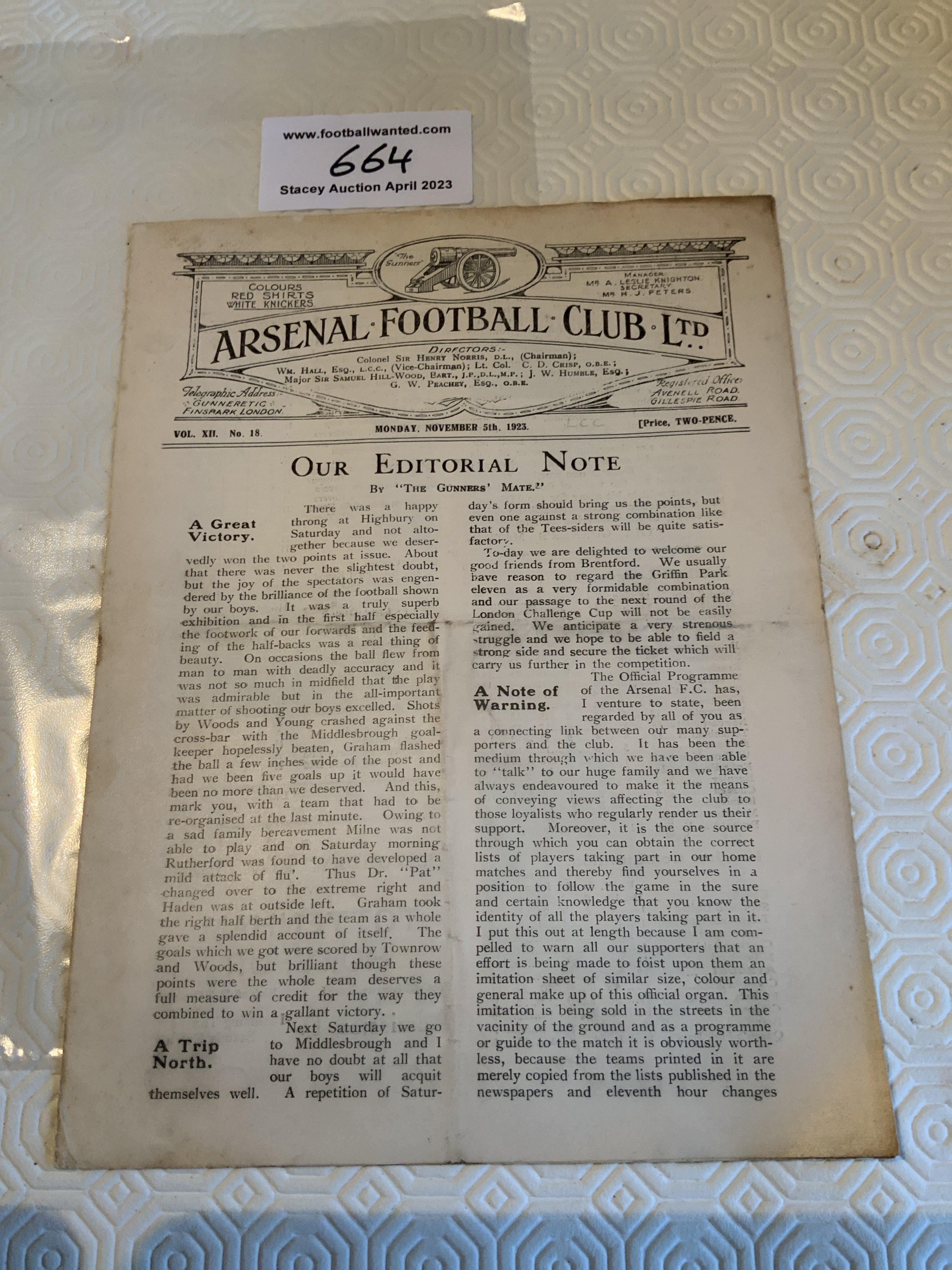 Arsenal Football Memorabilia Box: 11 handbooks with 6 from the 50s and 5 from the 60s. Quantity of overall fair condition 50s and 60s home programmes. Nice scrapbook from 68/69 which has a few programmes and tickets stuck in along with cuttings and privately taken photos.