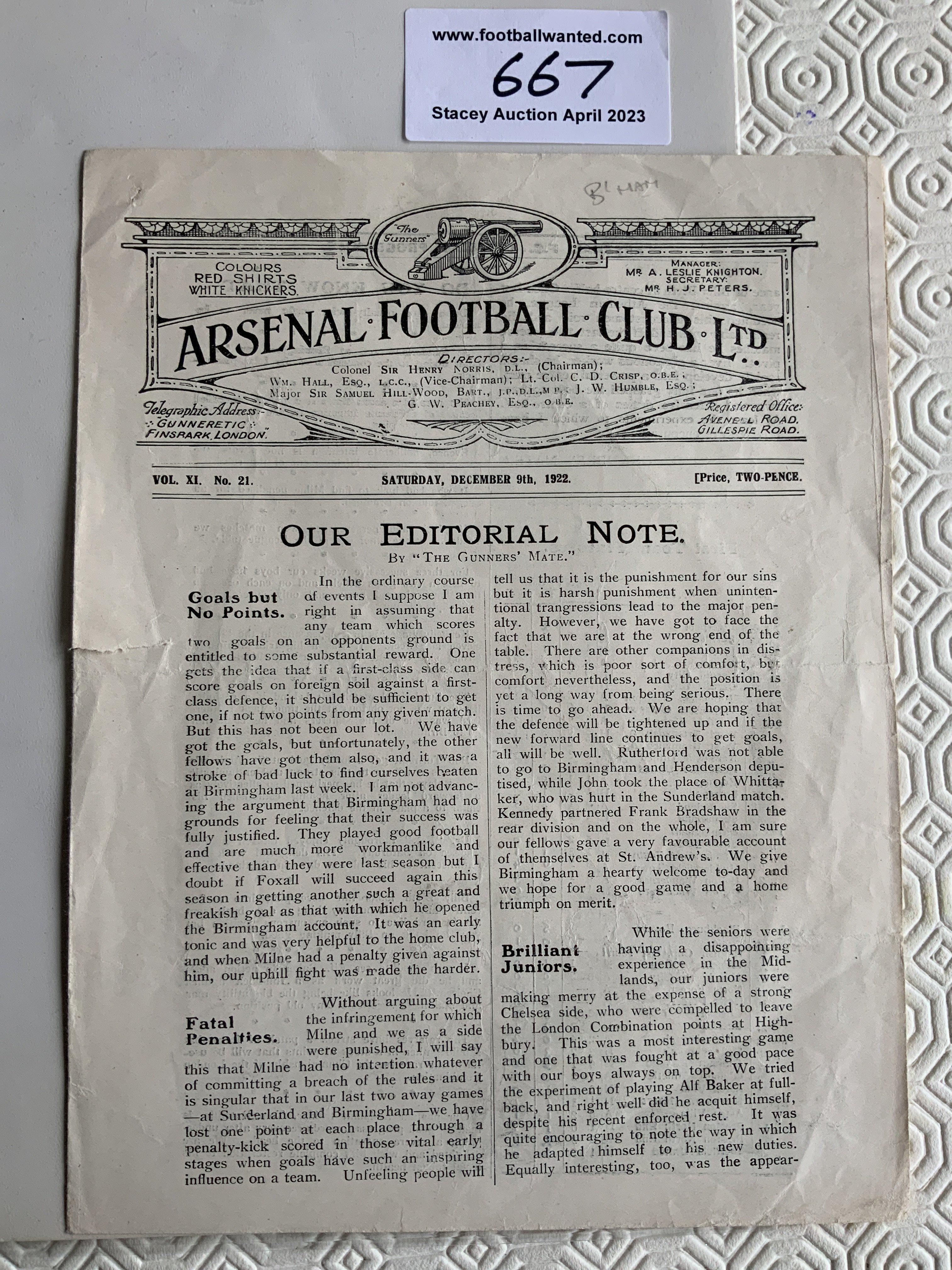 1922 - 1923 Arsenal v Birmingham City Football Programme: Four page league match in fair condition. Results and score filled out and small tear.