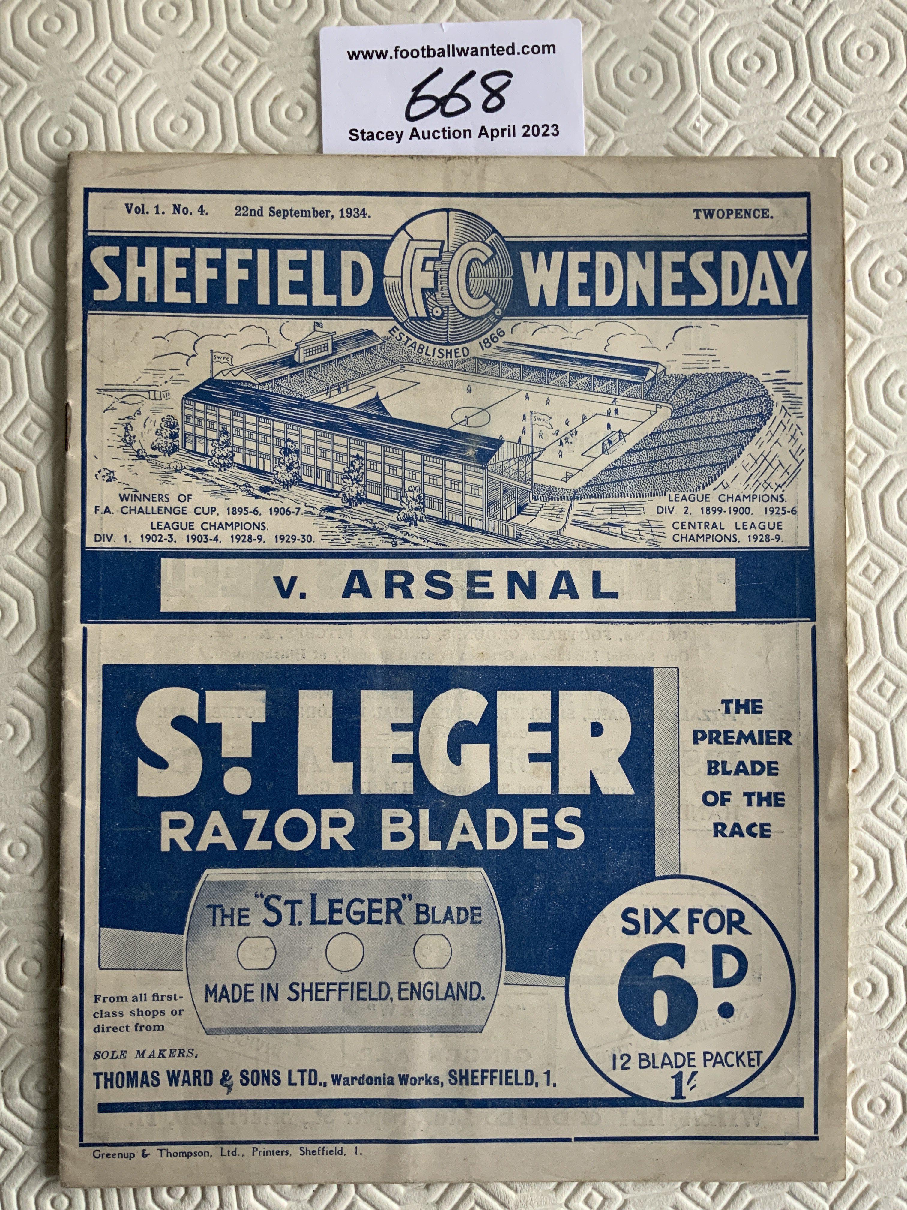 34/35 Sheffield Wednesday v Arsenal Football Programme: Very good condition with no team changes. League match from season Arsenal were champions.
