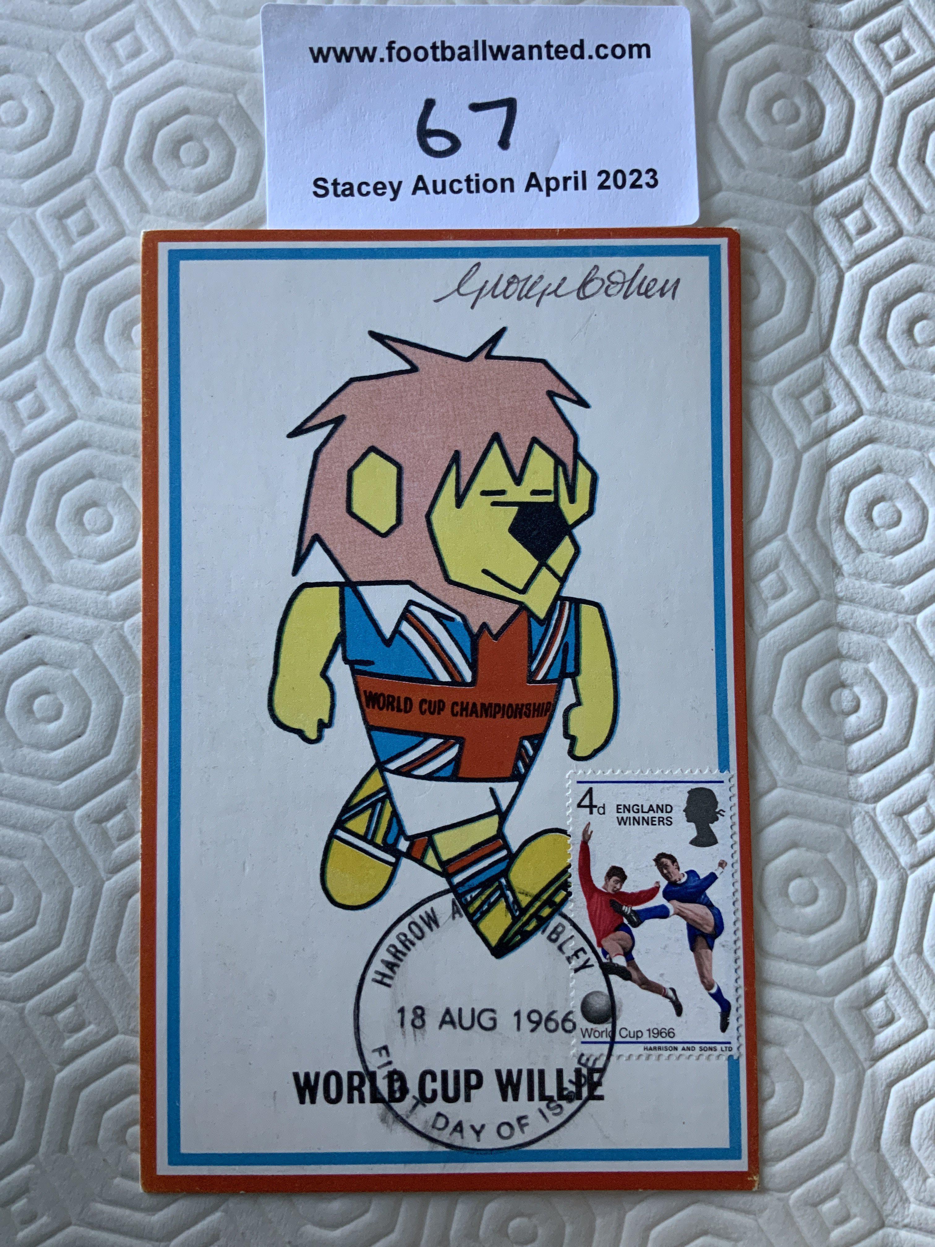 George Cohen Signed 1966 World Cup Willie Postcard: Original unwritten postcard with FA 1966 to rear and stamped Cameo Stamps Ltd. WC Willie has first day of issue England Winners stamp 18 8 1966 and is hand signed by Cohen.