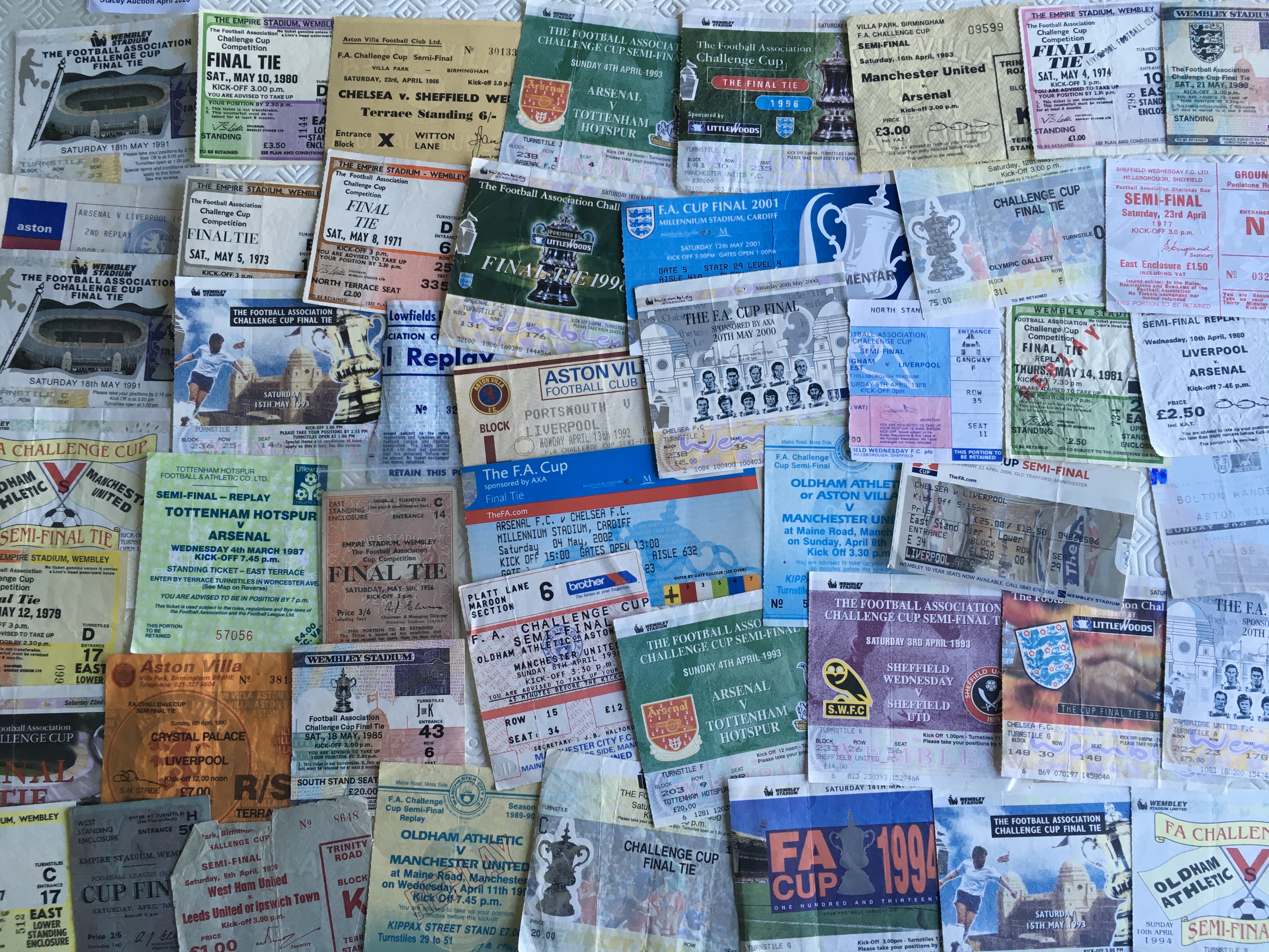 FA Cup Final + Semi Final Tickets: Mainly good with some having creasing or folds. Light duplication. 1945 final had previously been stuck down. (108)
