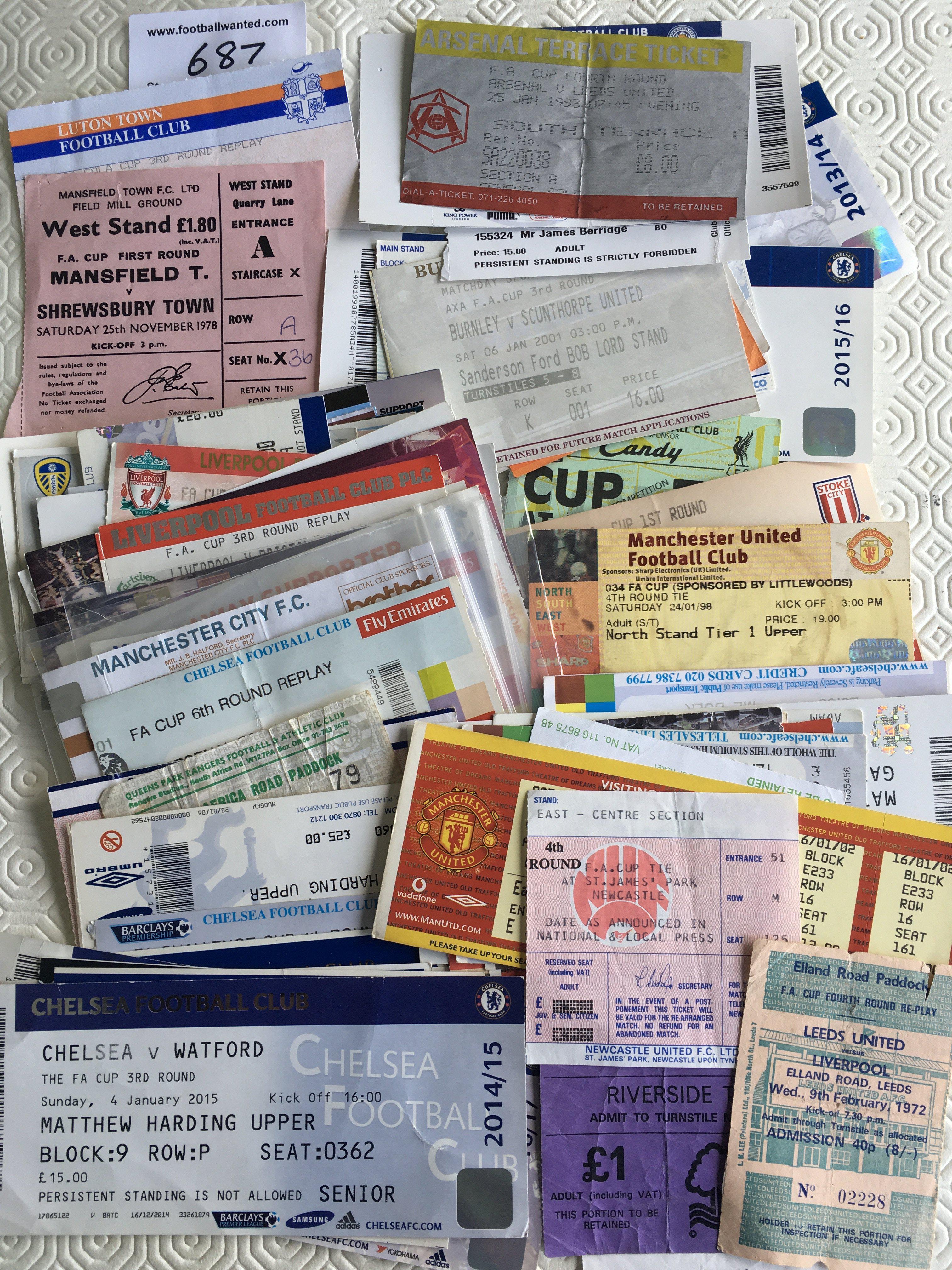 FA Cup Football Tickets: From the 70s onwards to include 1st round 78/79 Mansfield v Shrewsbury up to the quarter finals. Mainly good. (66)