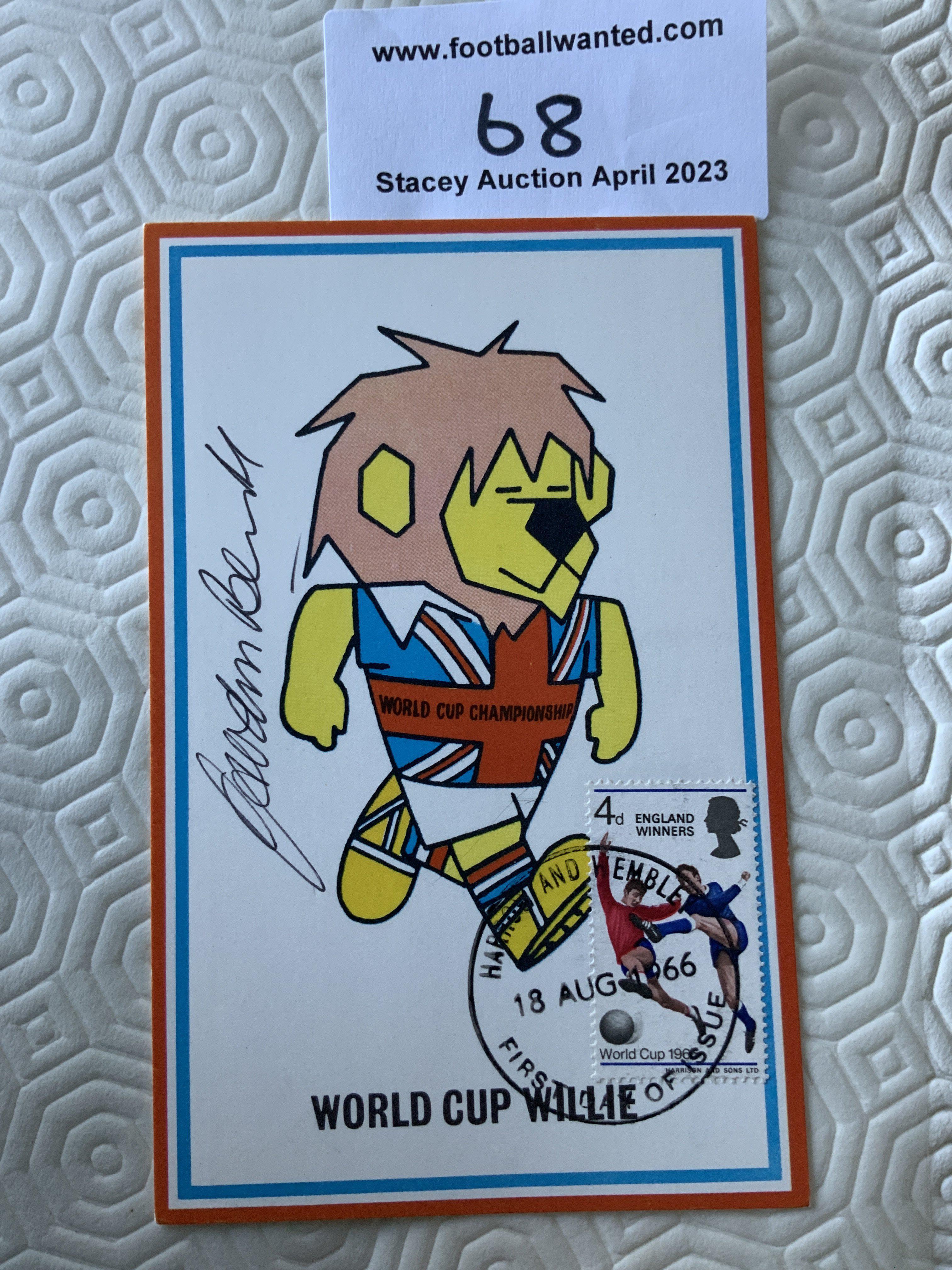 Gordon Banks Signed 1966 World Cup Willie Postcard: Original unwritten postcard with FA 1966 to rear and stamped Cameo Stamps Ltd. WC Willie has first day of issue England Winners stamp 18 8 1966 and is hand signed by Banks.