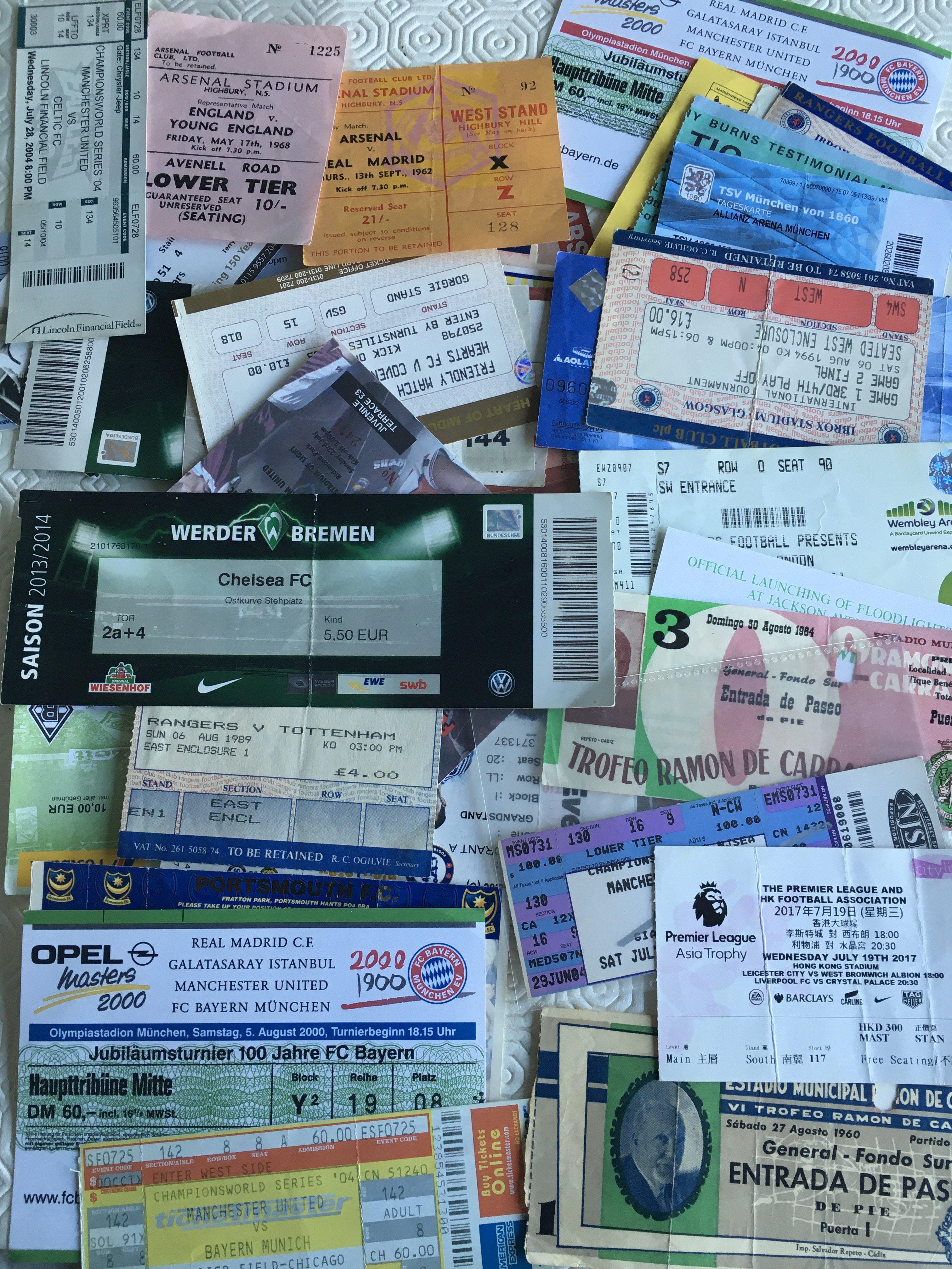 Friendly Match Football Tickets: Wide ranging in eras and clubs. Includes Arsenal 62/63 Real Madrid, 67/68 England v Young England at Highbury and more. Good. (72)