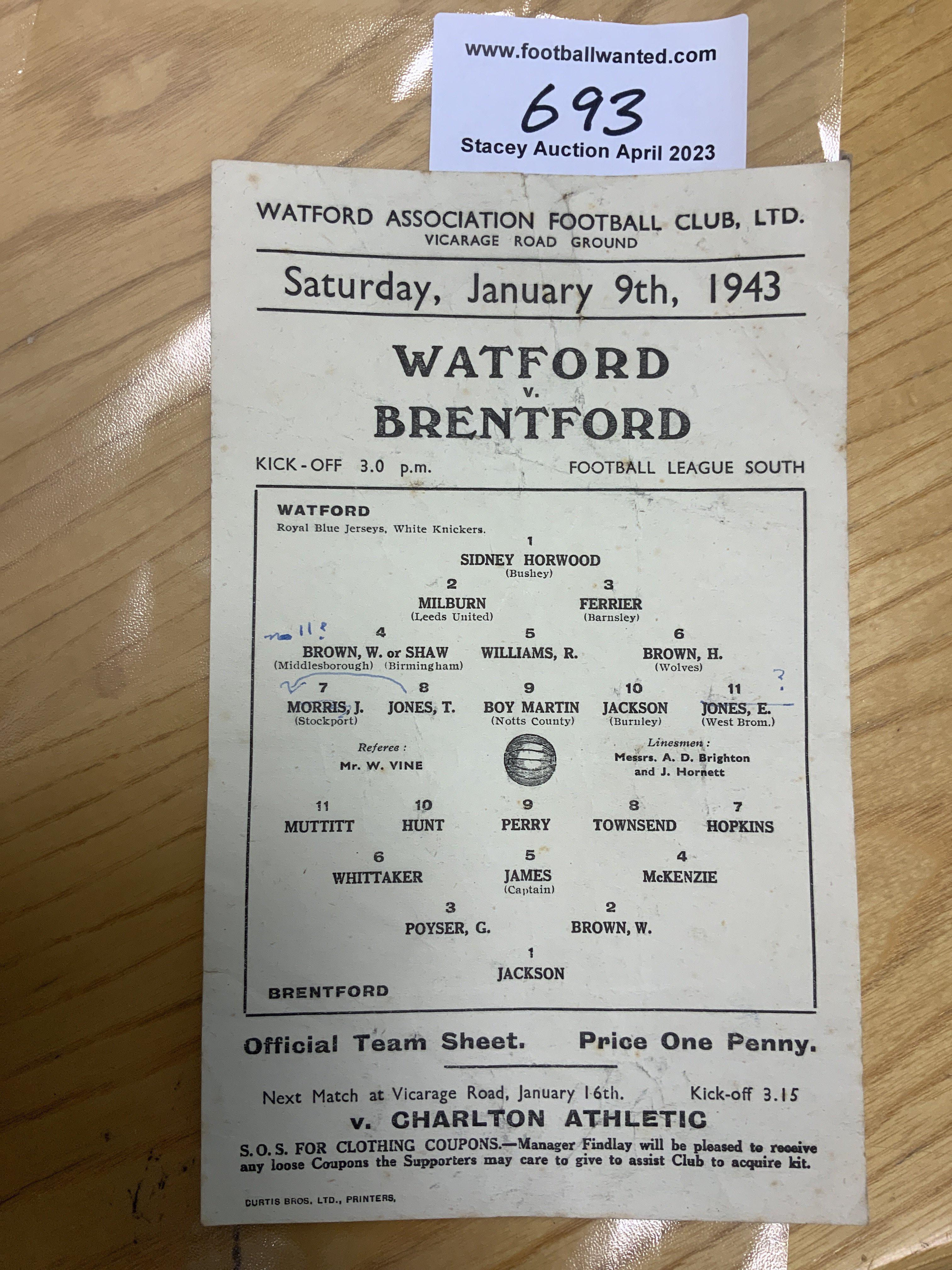 42/43 Watford v Brentford Football Programme: Single sheet League match dated 9 1 1942 in good condition with pen to front and pencil to rear. Fold.