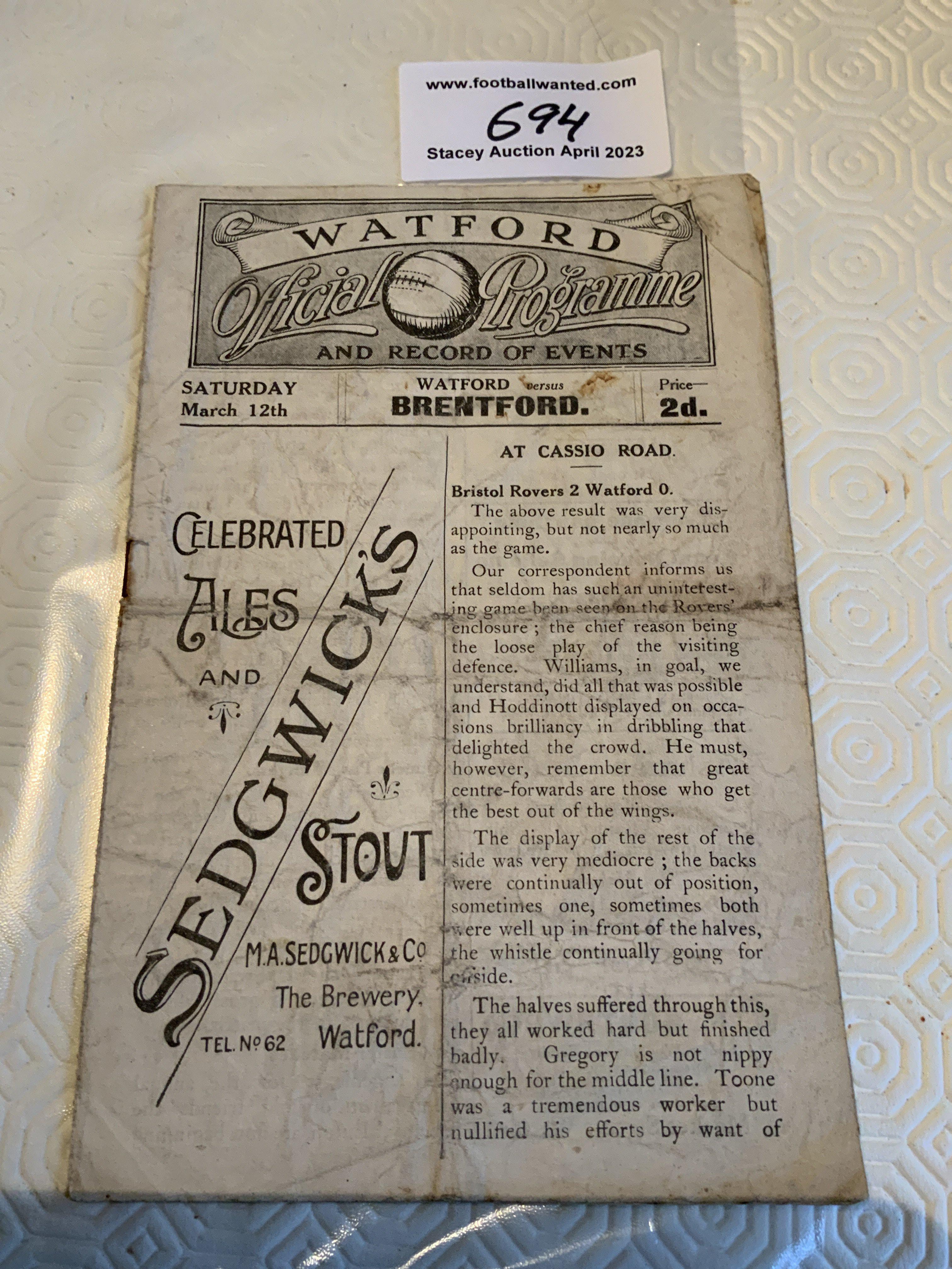 1920 - 1921 Watford v Brentford Football Programme: League match in fair condition with fold and rusty staple failing to hold 8 pager.
