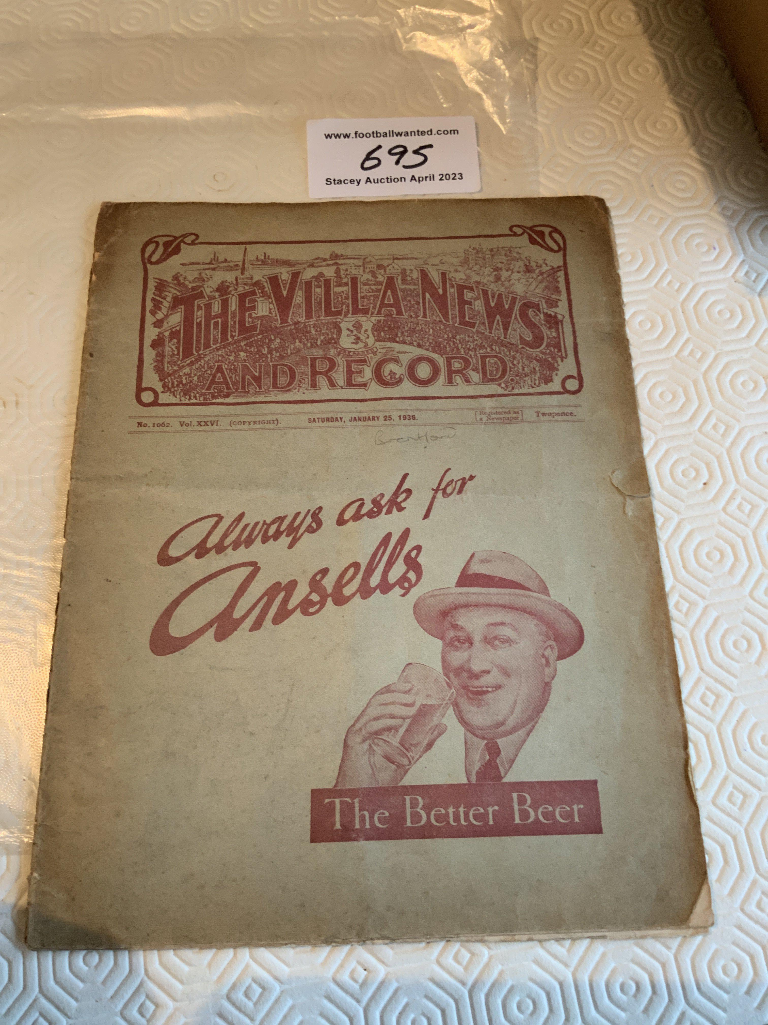 35/36 Aston Villa v Brentford Football Programme: Fair condition league match with No team changes. Few small tears including to spine and fold.