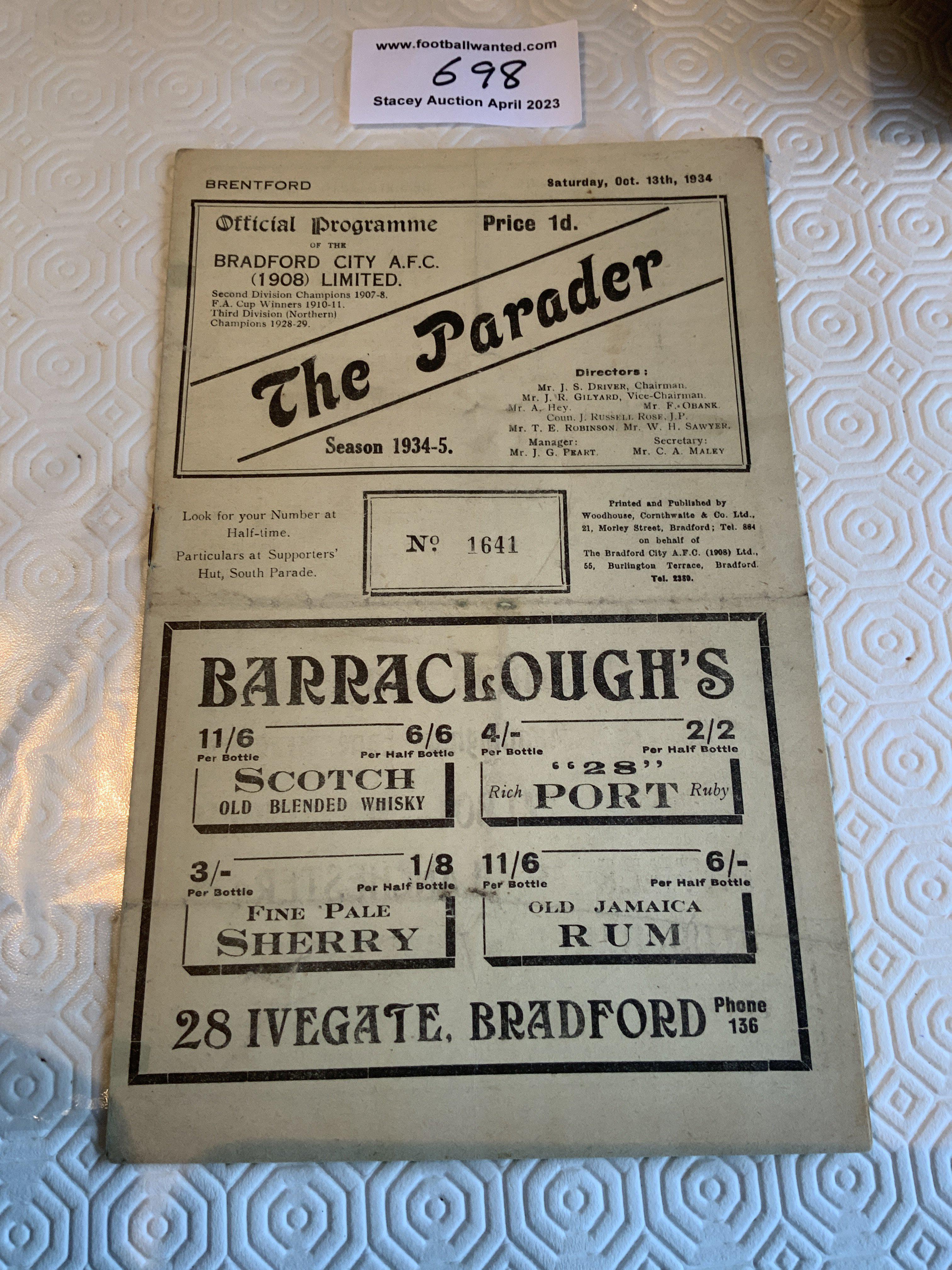34/35 Bradford City v Brentford Football Programme: Very good condition league match with no team changes. Light fold.