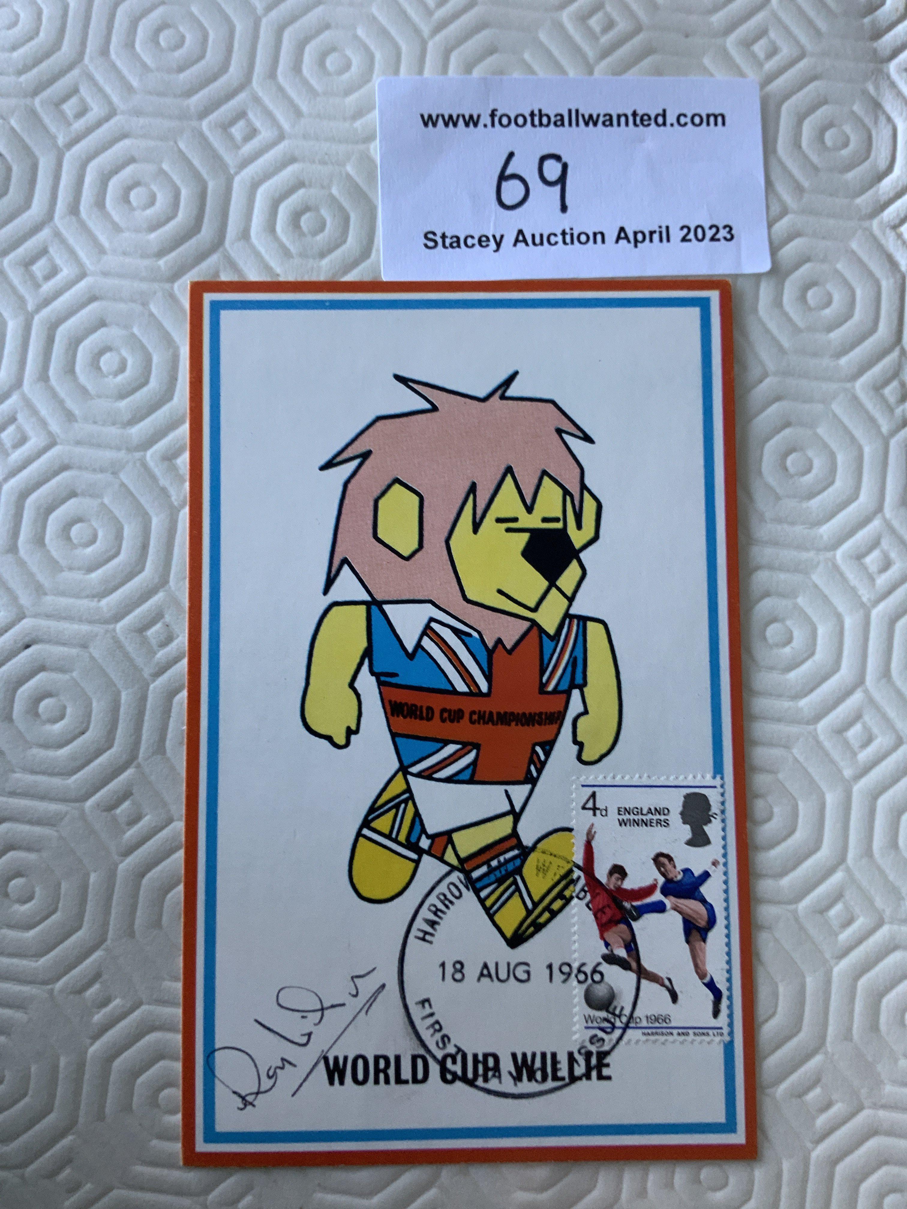 Ray Wilson Signed 1966 World Cup Willie Postcard: Original unwritten postcard with FA 1966 to rear and stamped Cameo Stamps Ltd. WC Willie has first day of issue England Winners stamp 18 8 1966 and is hand signed by Wilson.