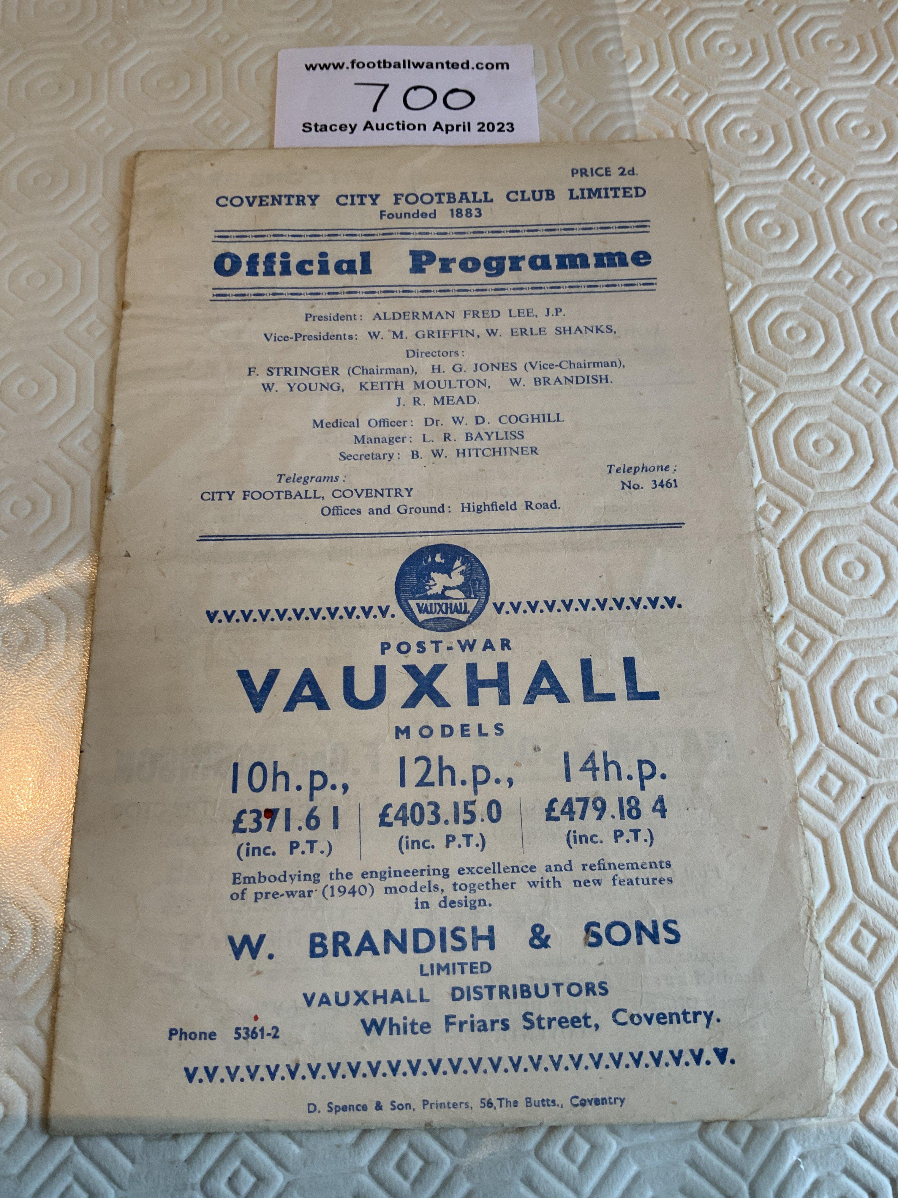 45/46 Coventry City v Brentford Football Programme: Good condition league match dated 12 1 1946. Team changes and light creasing.
