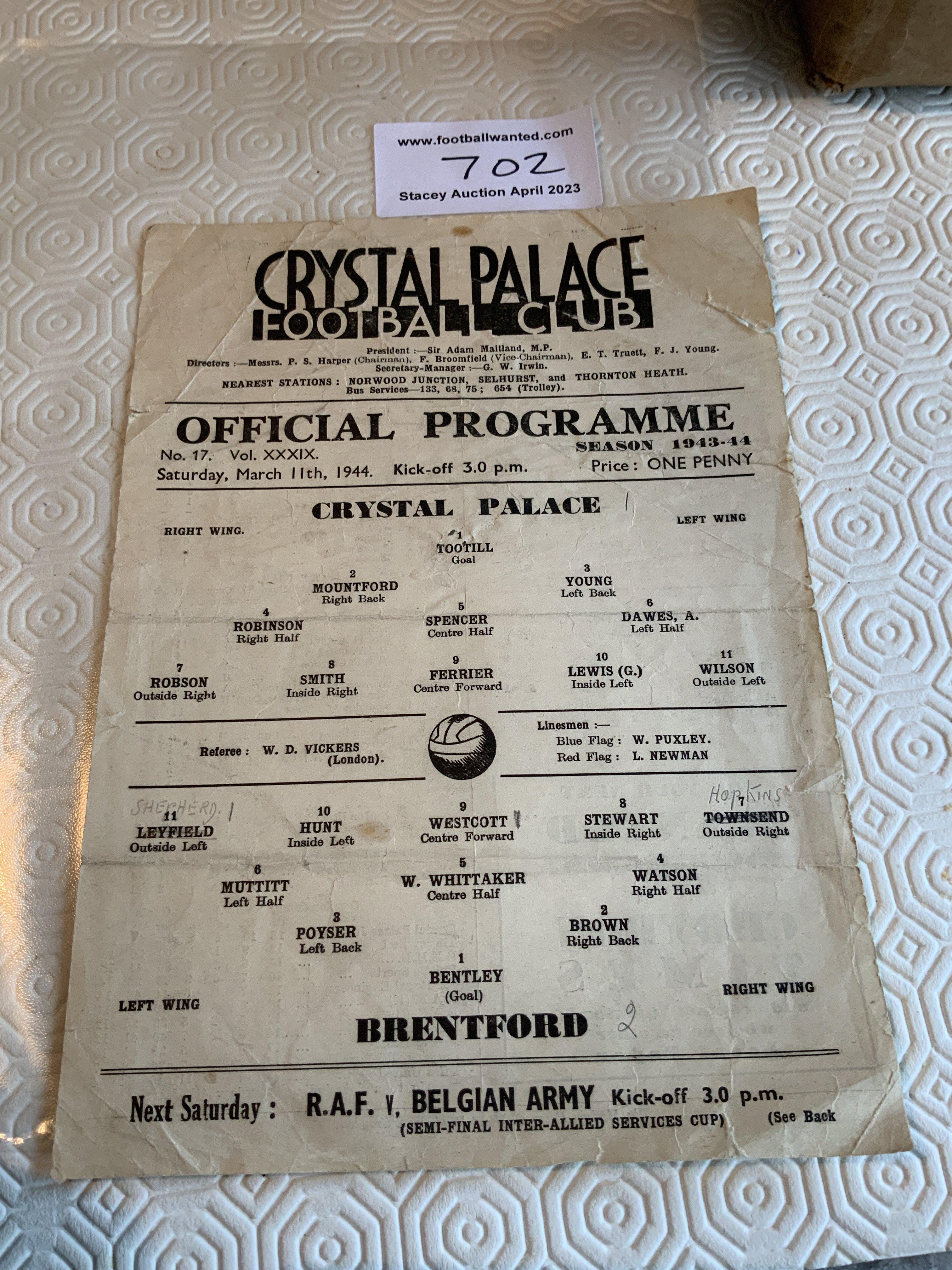43/44 Crystal Palace v Brentford Football Programme: Fair condition single sheet cup match dated 11 3 1944. Tears and folds. Pencilled writing.