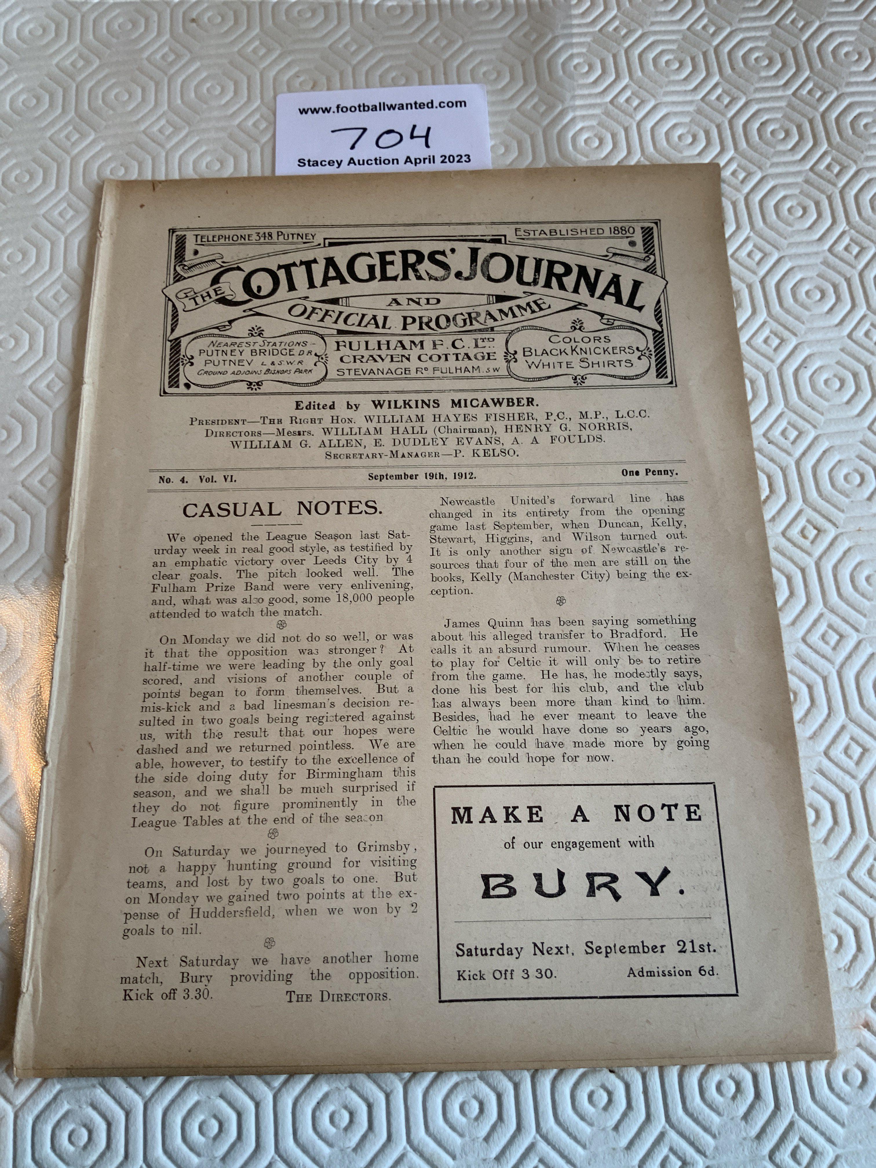 1912 - 1913 Fulham v Brentford Football Programme: Excellent condition ex bound with covers dated 19 9 1912. 8 page Pre 1st World war MPC programme has no team changes.