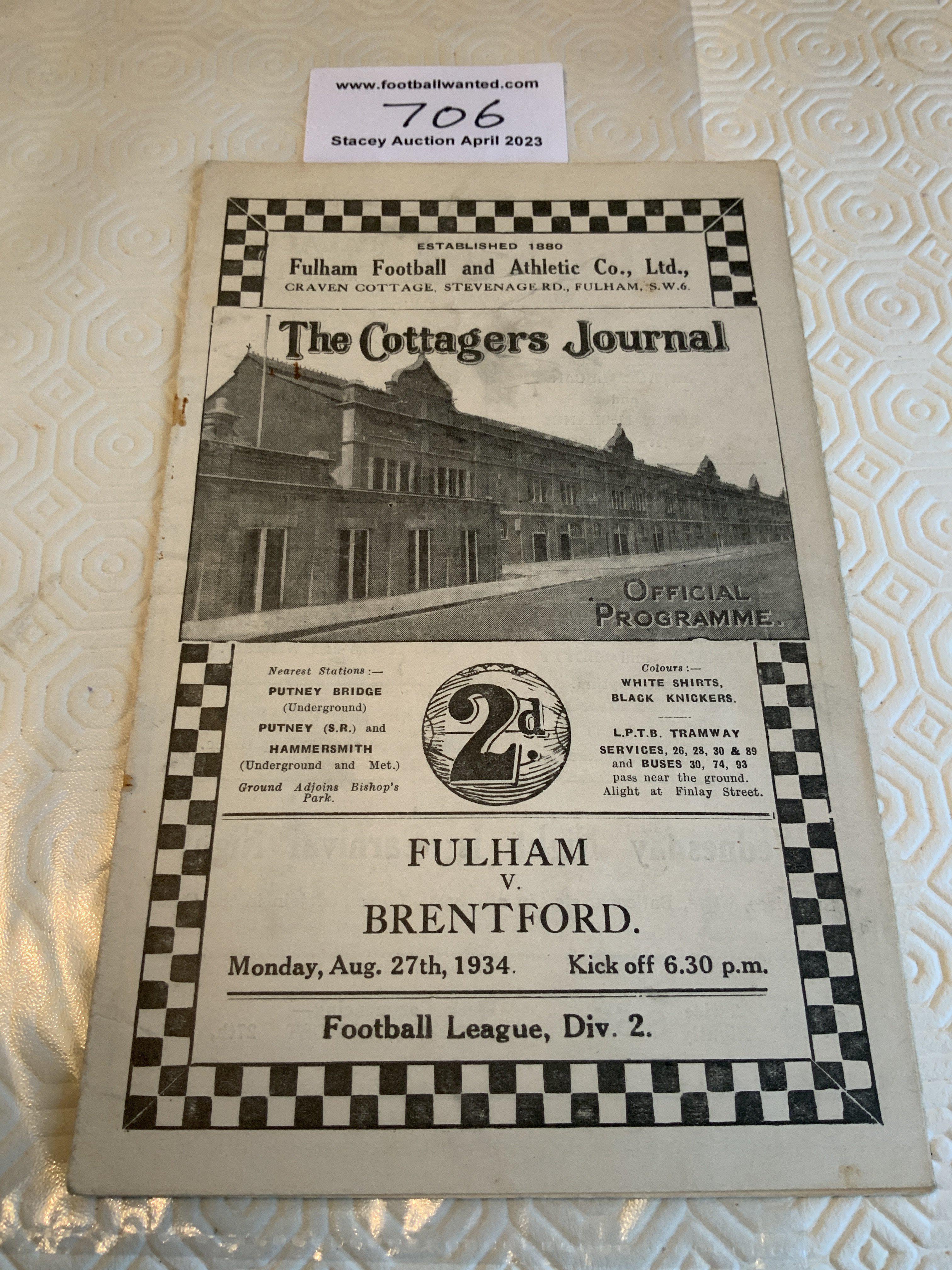 34/35 Fulham v Brentford Football Programme: Very good condition league match with no team changes. Score written inside.