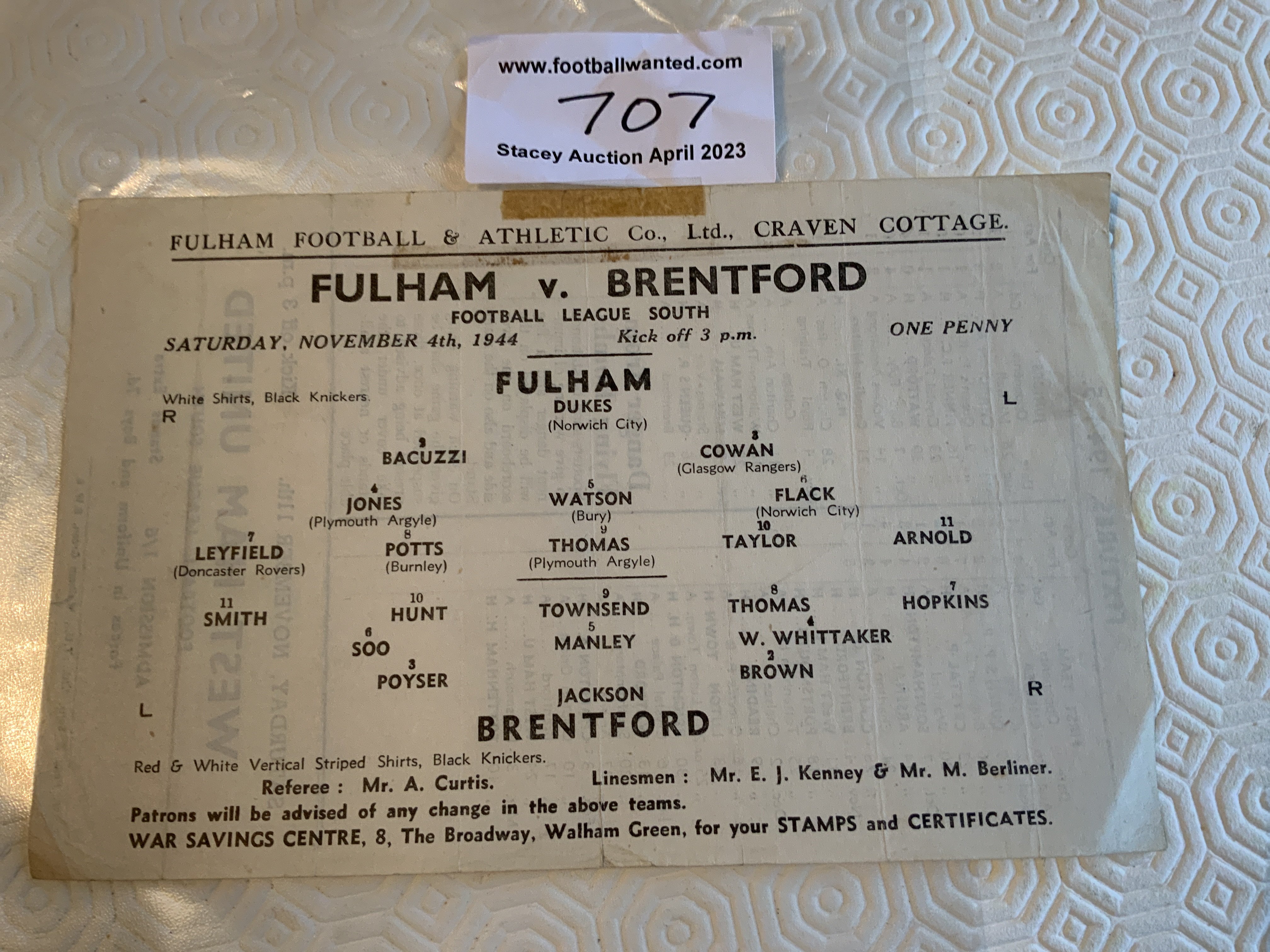 44/45 Fulham v Brentford Football Programme: Fair condition single sheet with no team changes. Tiny bit of tape.