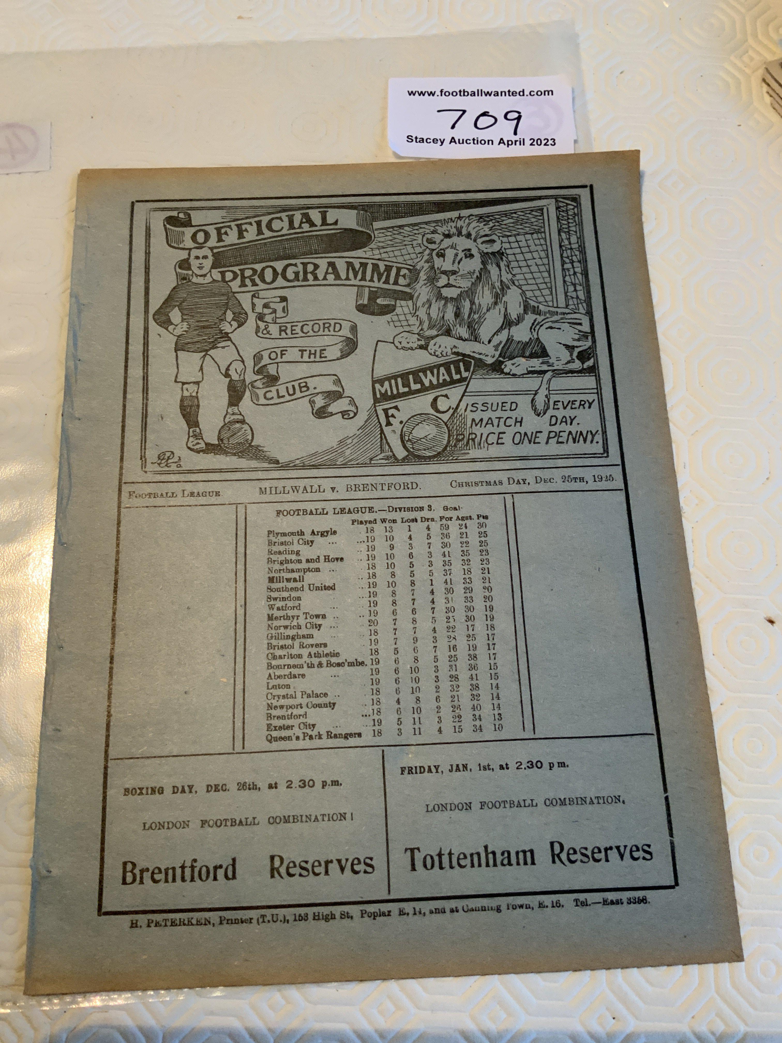 25/26 Millwall v Brentford Football Programme: Excellent ex bound 4 page league match with no team changes.