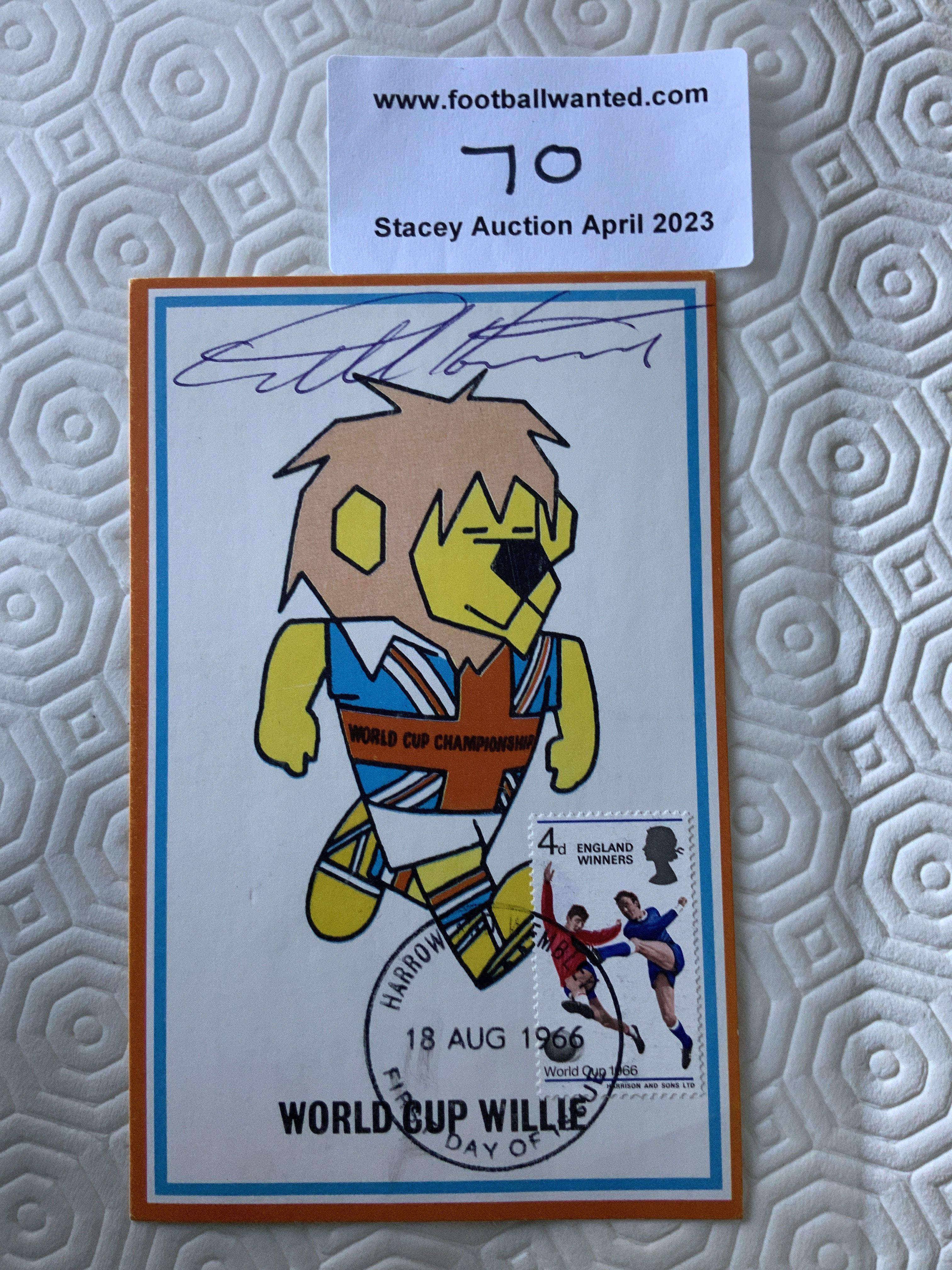 Geoff Hurst Signed 1966 World Cup Willie Postcard: Original unwritten postcard with FA 1966 to rear and stamped Cameo Stamps Ltd. WC Willie has first day of issue England Winners stamp 18 8 1966 and is hand signed by hat trick hero Hurst.