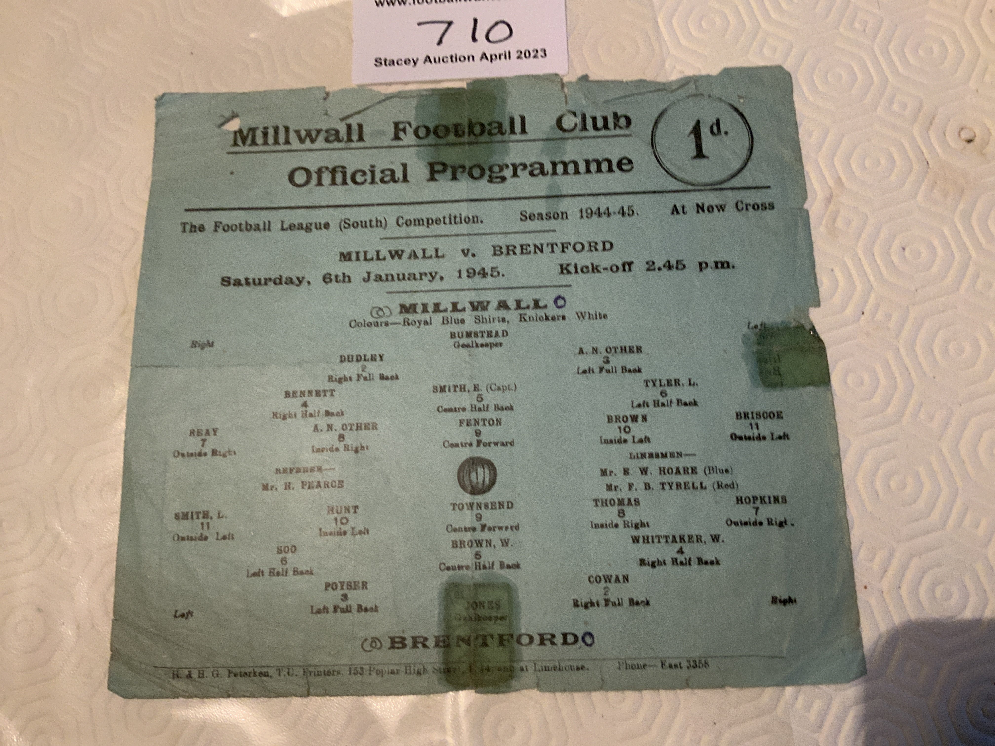 44/45 Millwall v Brentford Football Programme: Poor condition single sheet with no team changes. Tears and tape.