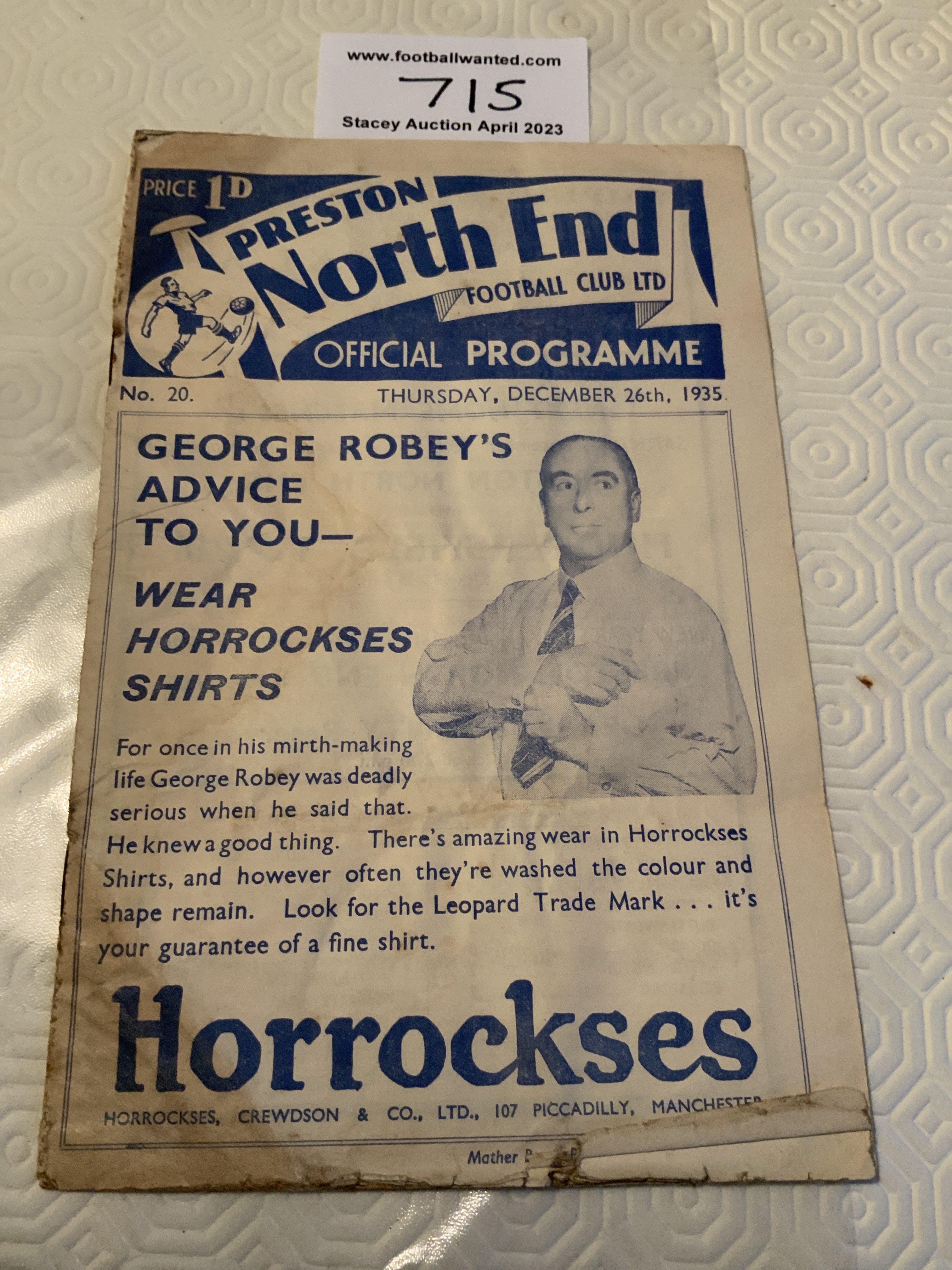 35/36 Preston v Brentford Football Programme: Fair condition with some small staining and tear at bottom border. Rear has wear to heavy fold. No team changes